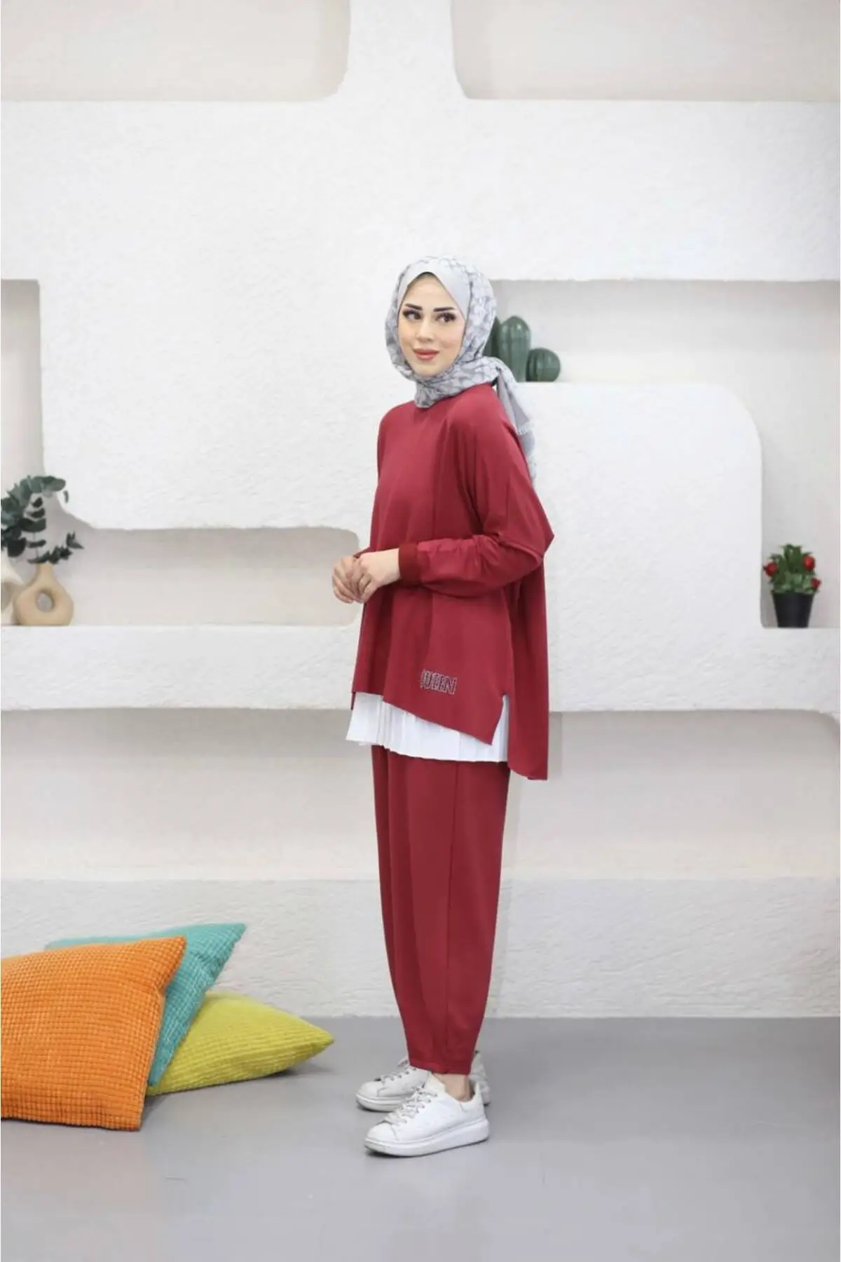 5250 - 2 İplik Oversize Rahat-Şık-Salaş Kadın Takımı - Bordo