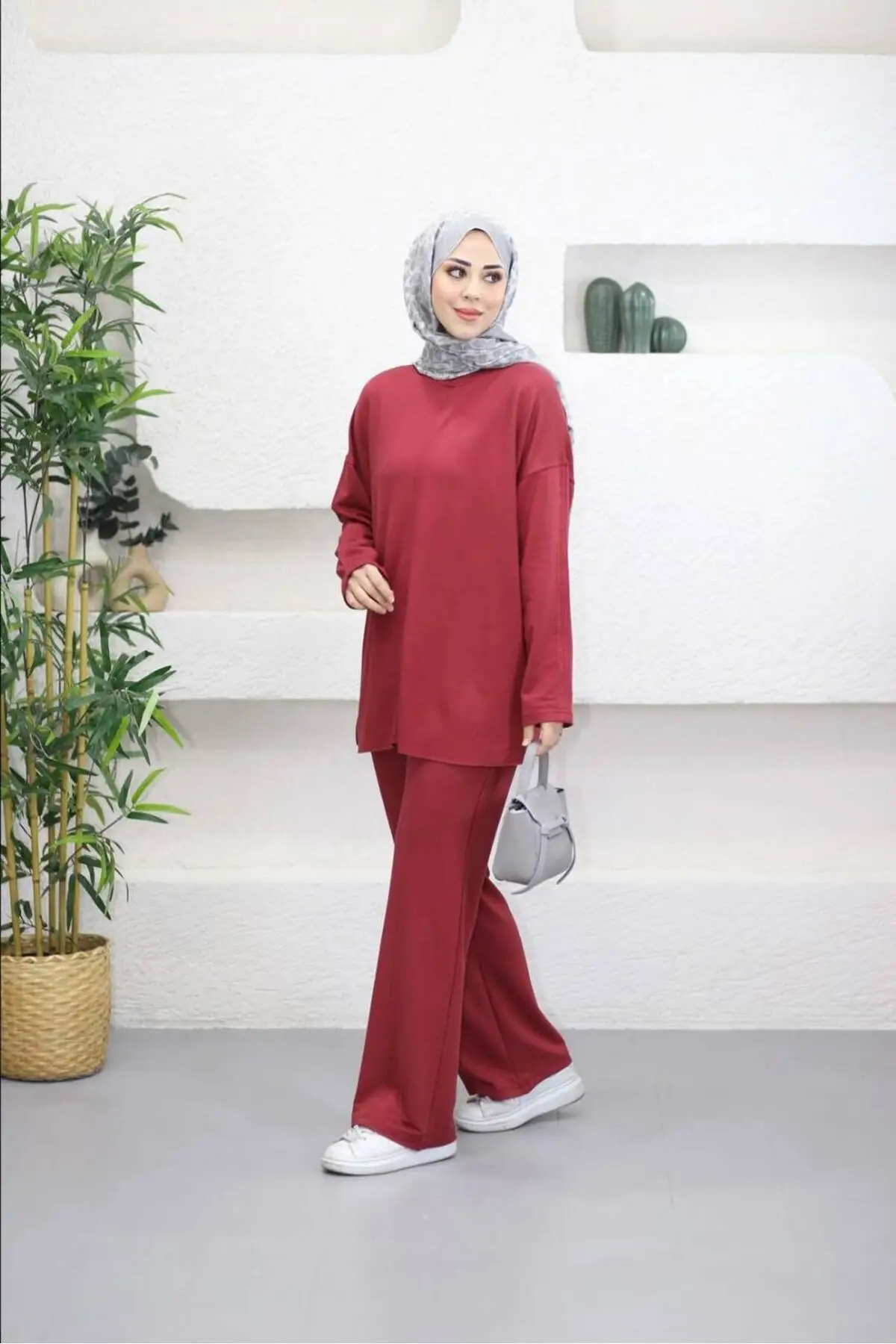5256 - 2 İplik Oversize Rahat-Şık-Salaş Kadın Takımı - Mürdüm