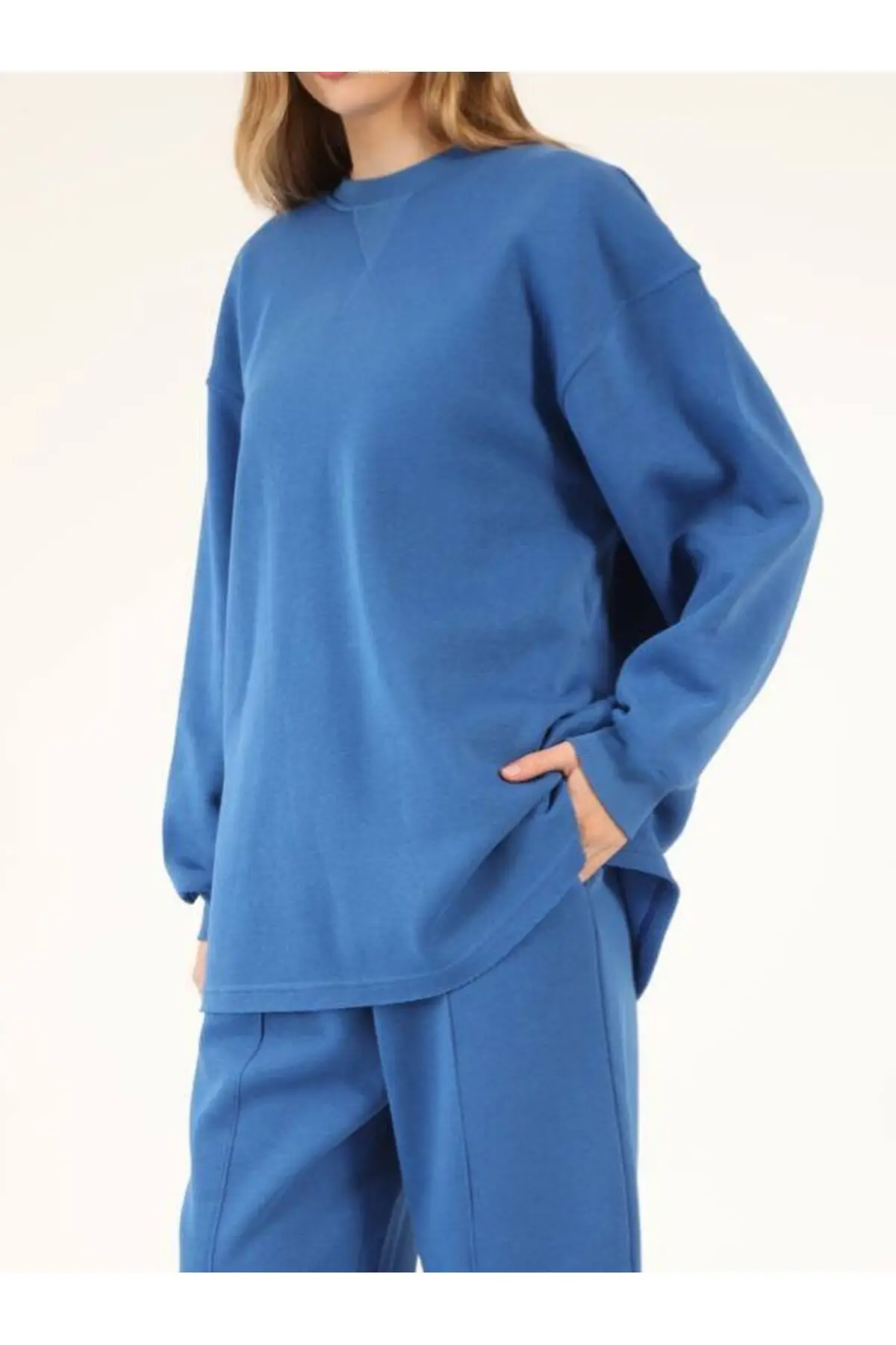 5275- 3 İplik Şardonlu Salaş Basic Kadın Sweatshirt - Sax