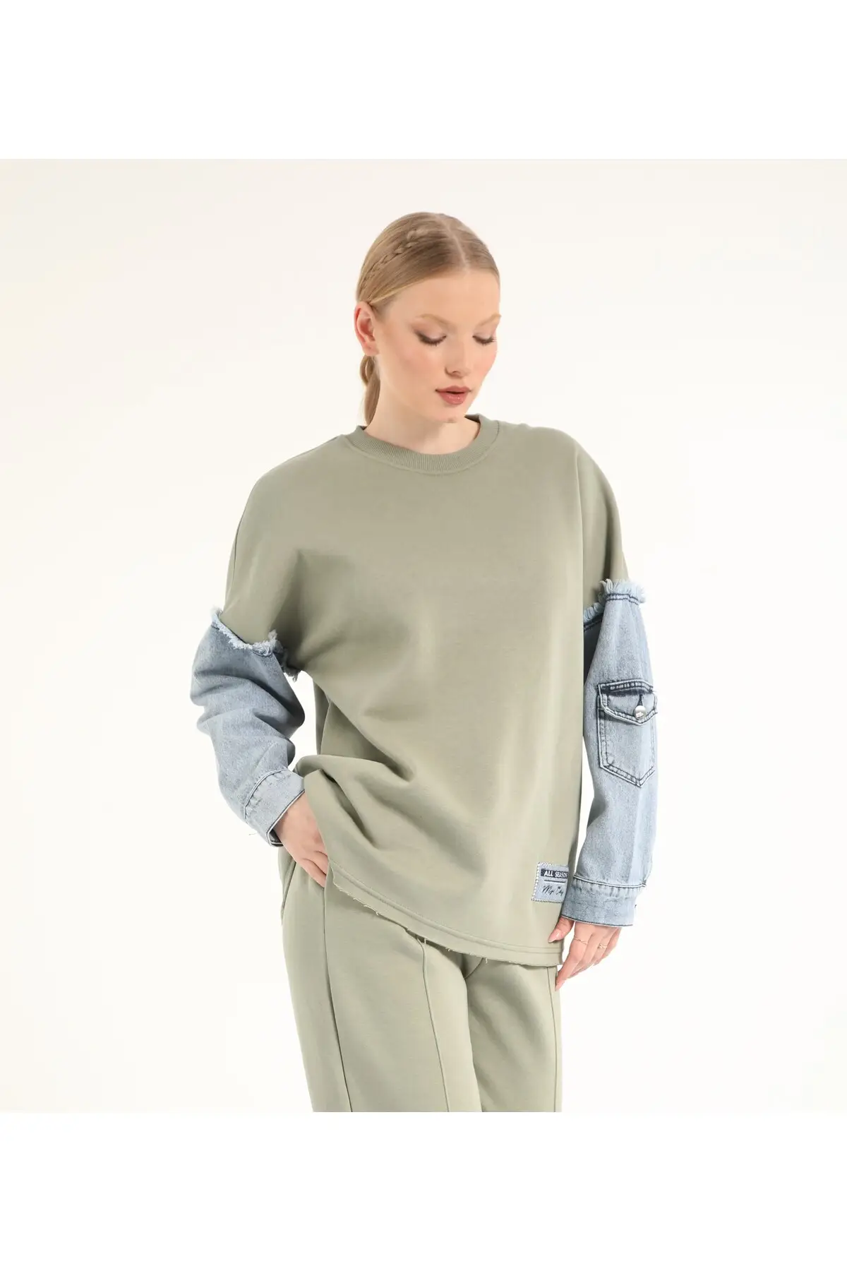 5301 - 3 İplik Rahat, Salaş Kolu Kot Detaylı Kadın Uzun Sweatshirt