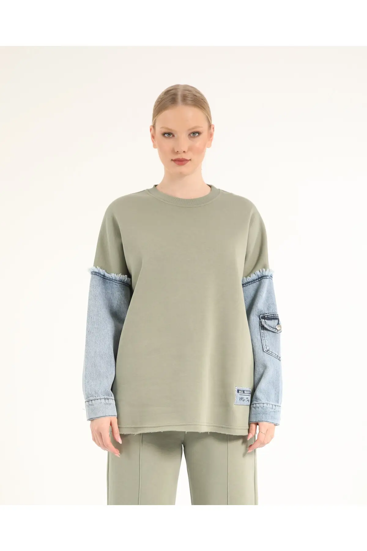5301 - 3 İplik Rahat, Salaş Kolu Kot Detaylı Kadın Uzun Sweatshirt - Ada Çayı