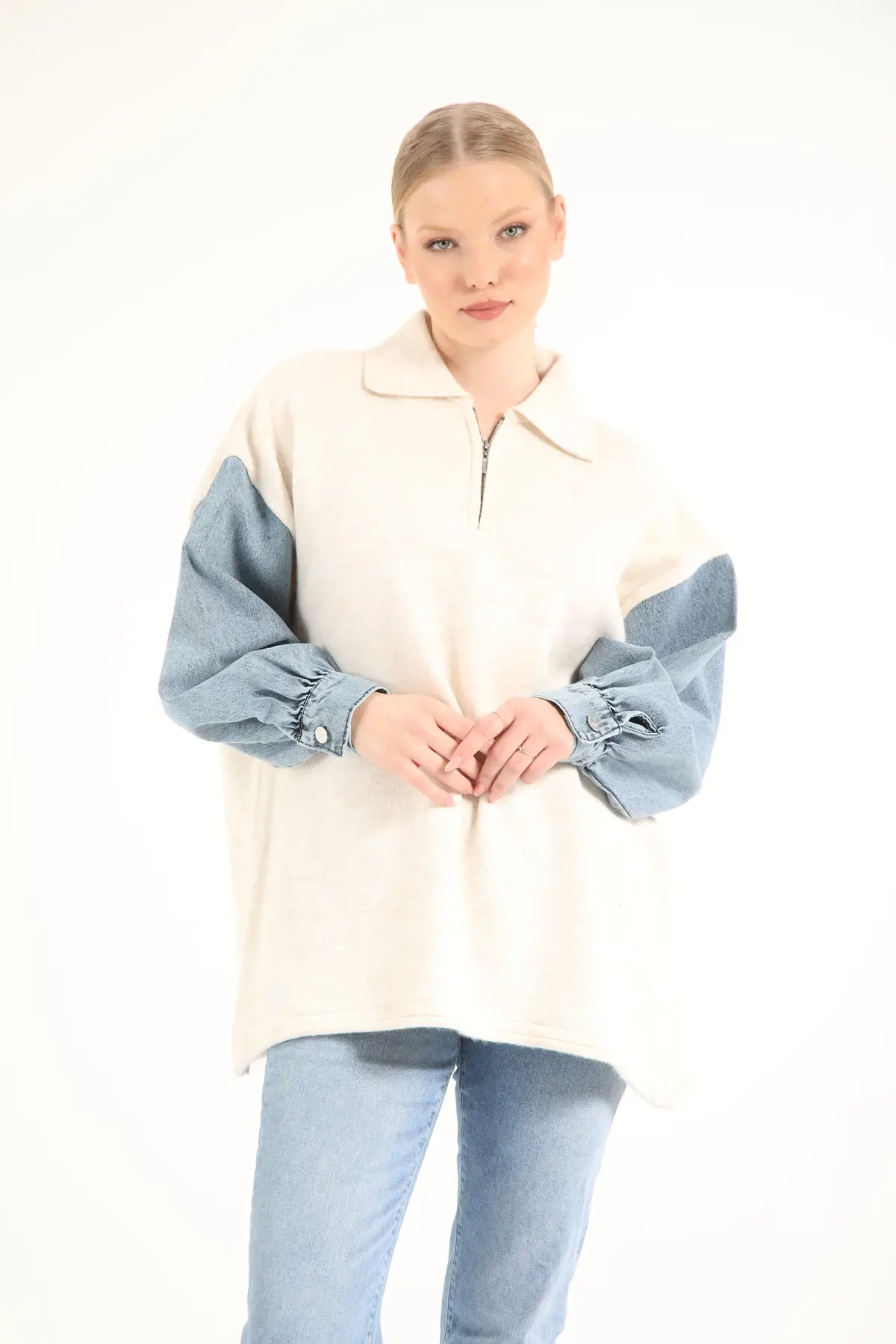 5319 - Triko Rahat, Salaş Kolu Kot Detaylı Kadın Sweatshirt - Ekru