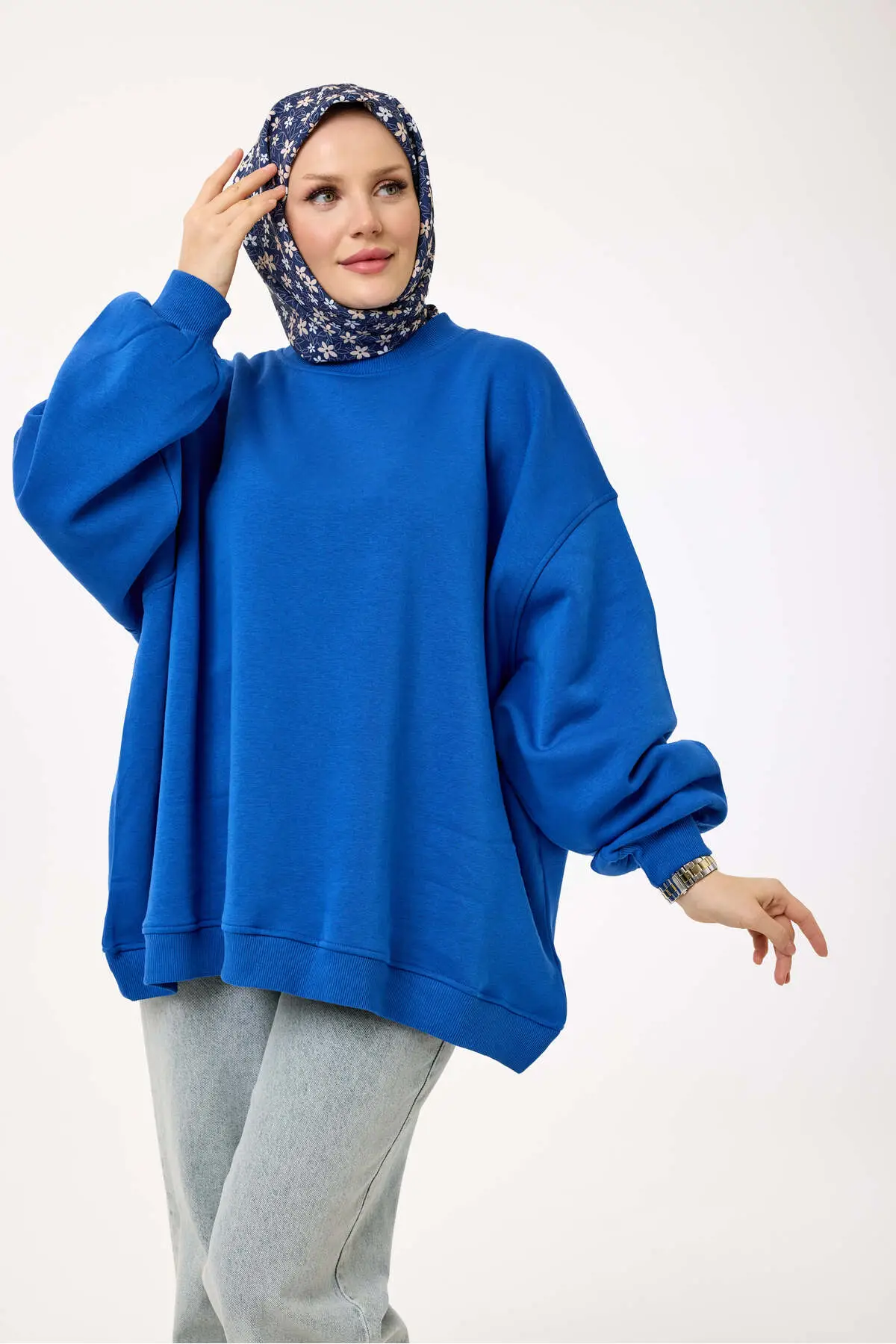 5334 - 3 İplik Şardonlu Salaş Basic Kadın Sweatshirt - Sax