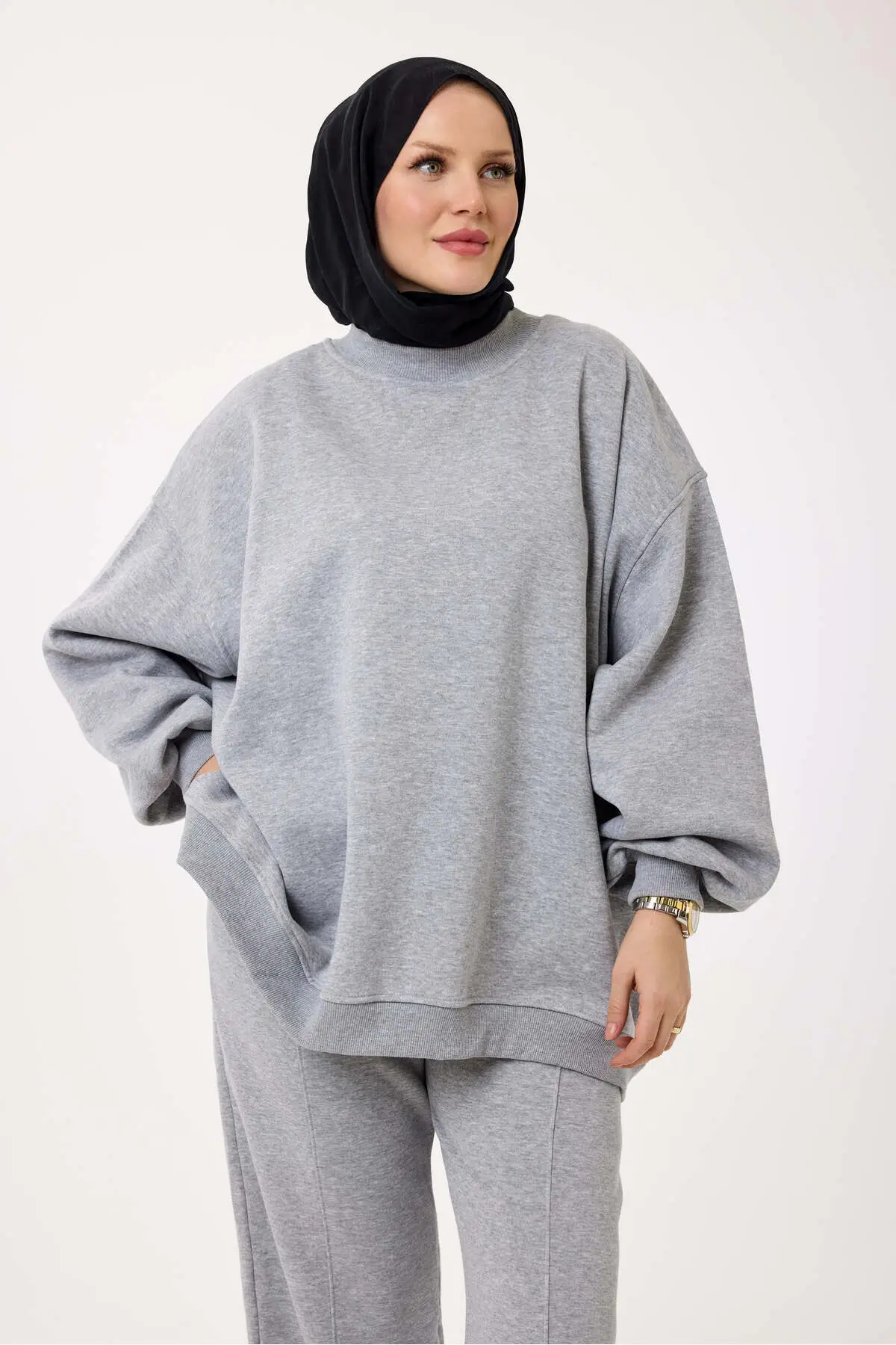 5334 - 3 İplik Şardonlu Salaş Basic Kadın Sweatshirt - Gri