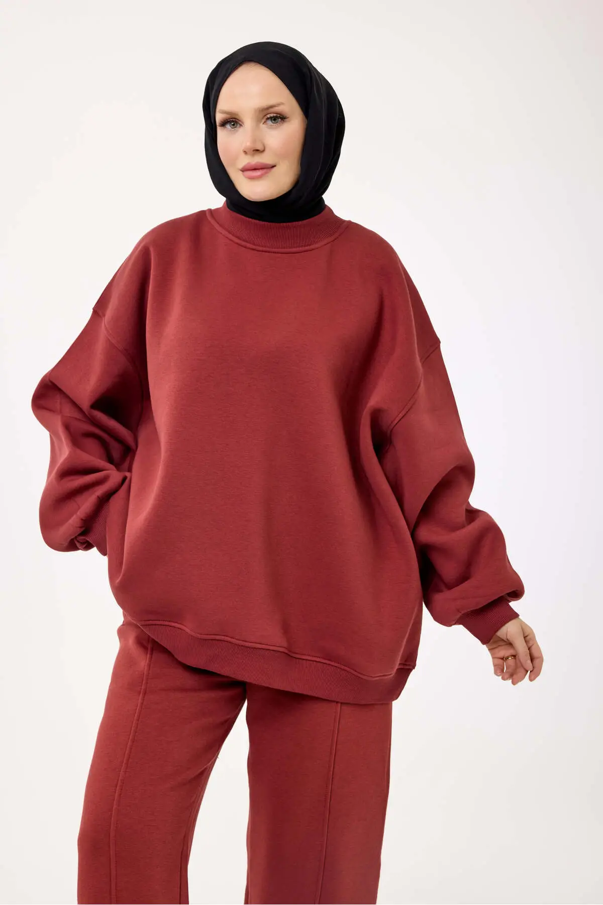 5334 - 3 İplik Şardonlu Salaş Basic Kadın Sweatshirt - Bordo