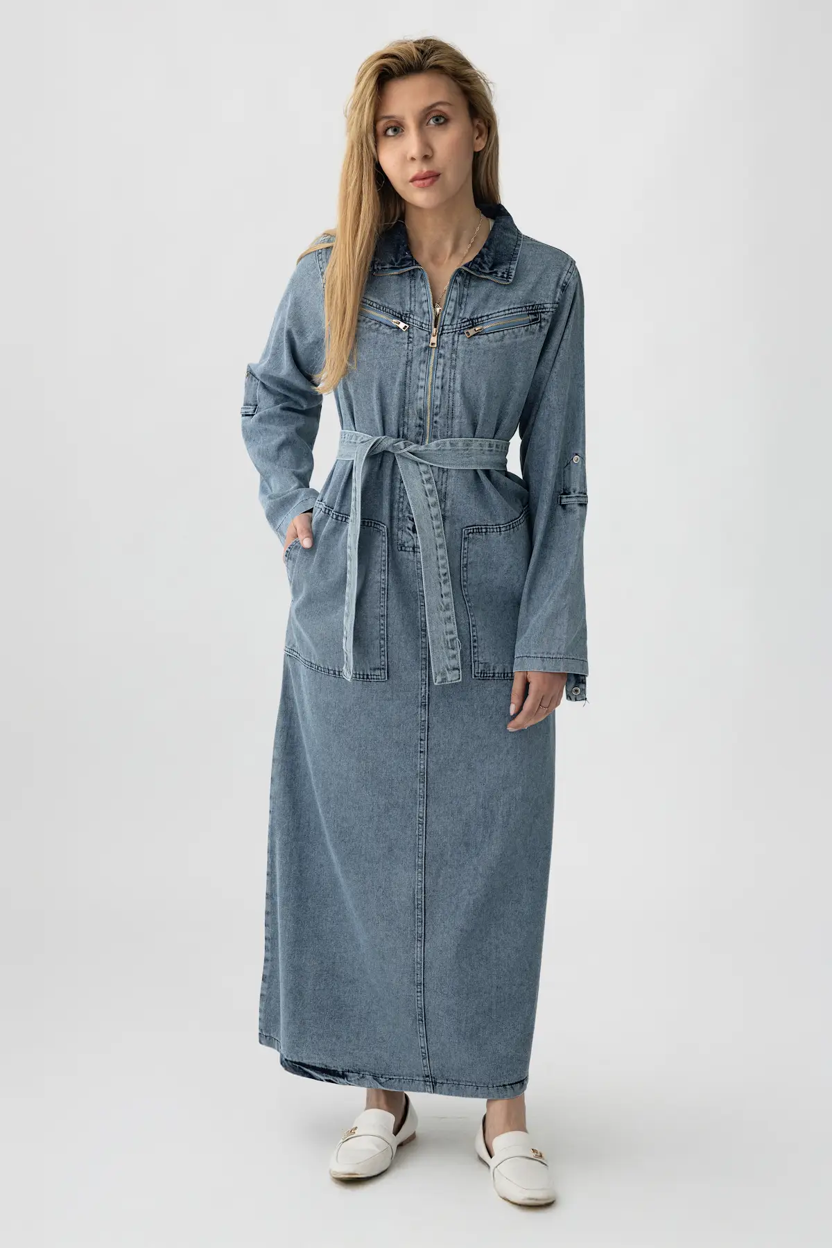 5363 - Kemerli, Cepli, Fermuar Detaylı Denim Rahat, Şık, Günlük Kadın Boydan Elbise
