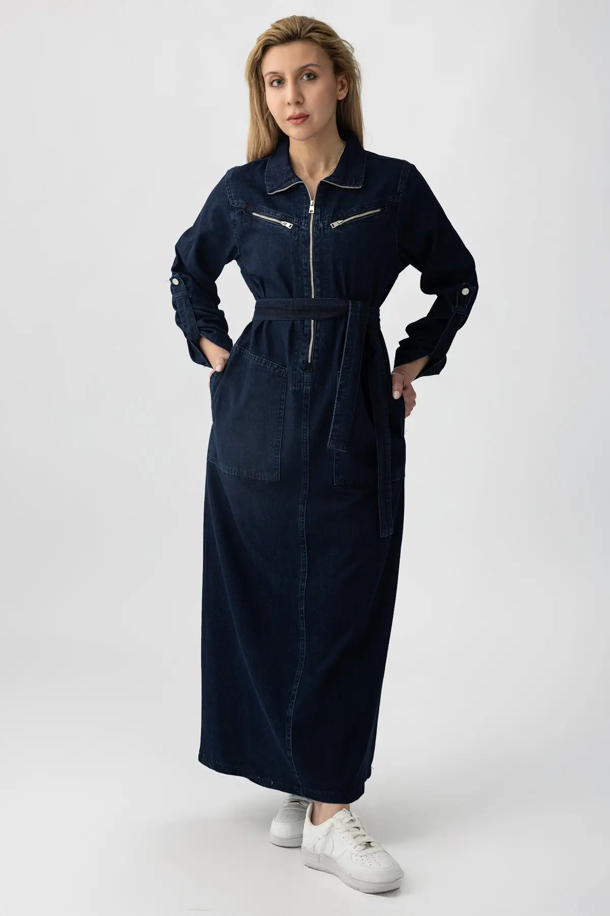 5363 - Kemerli, Cepli, Fermuar Detaylı Denim Rahat, Şık, Günlük Kadın Boydan Elbise - Lacivert