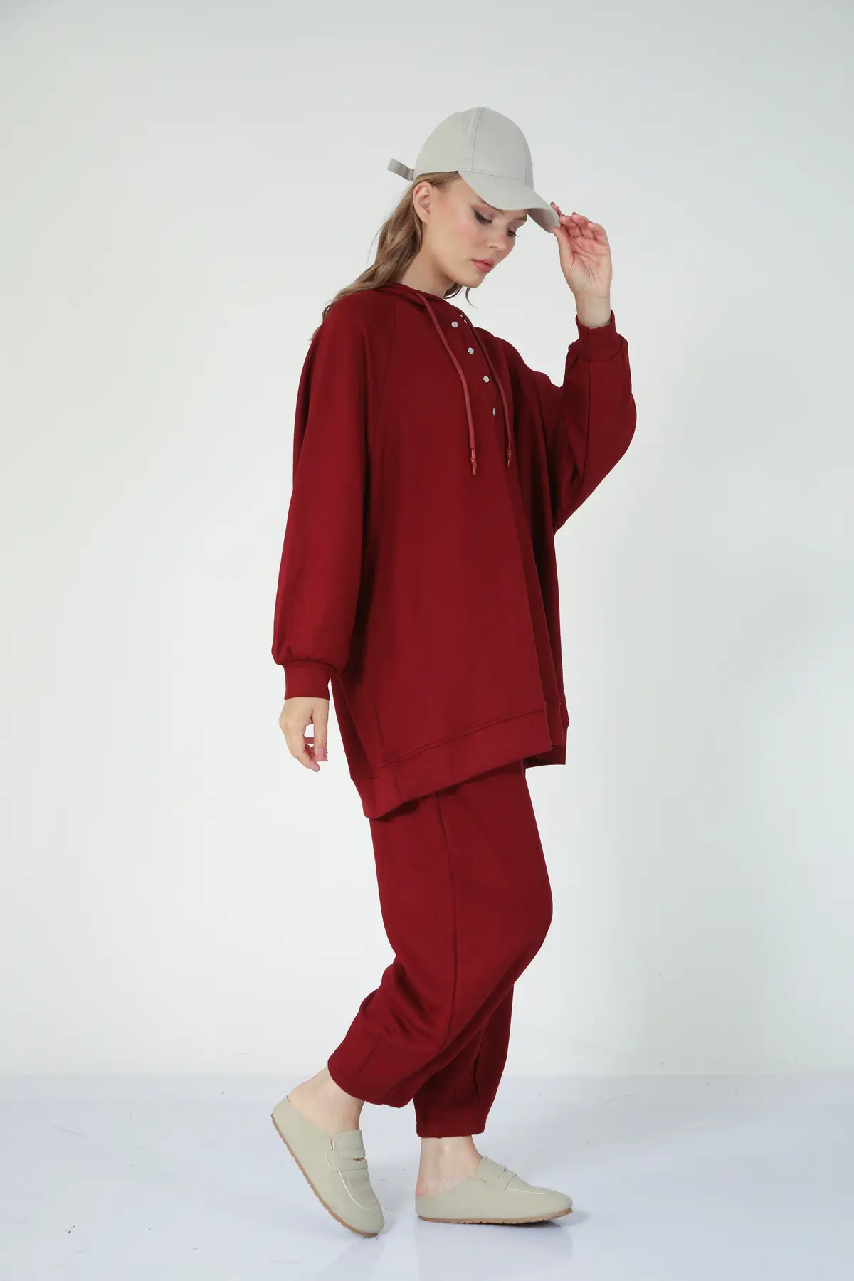 5373 - Şık, Rahat, İnce Pantolon-Sweatshirt Kadın Takımı - Bordo