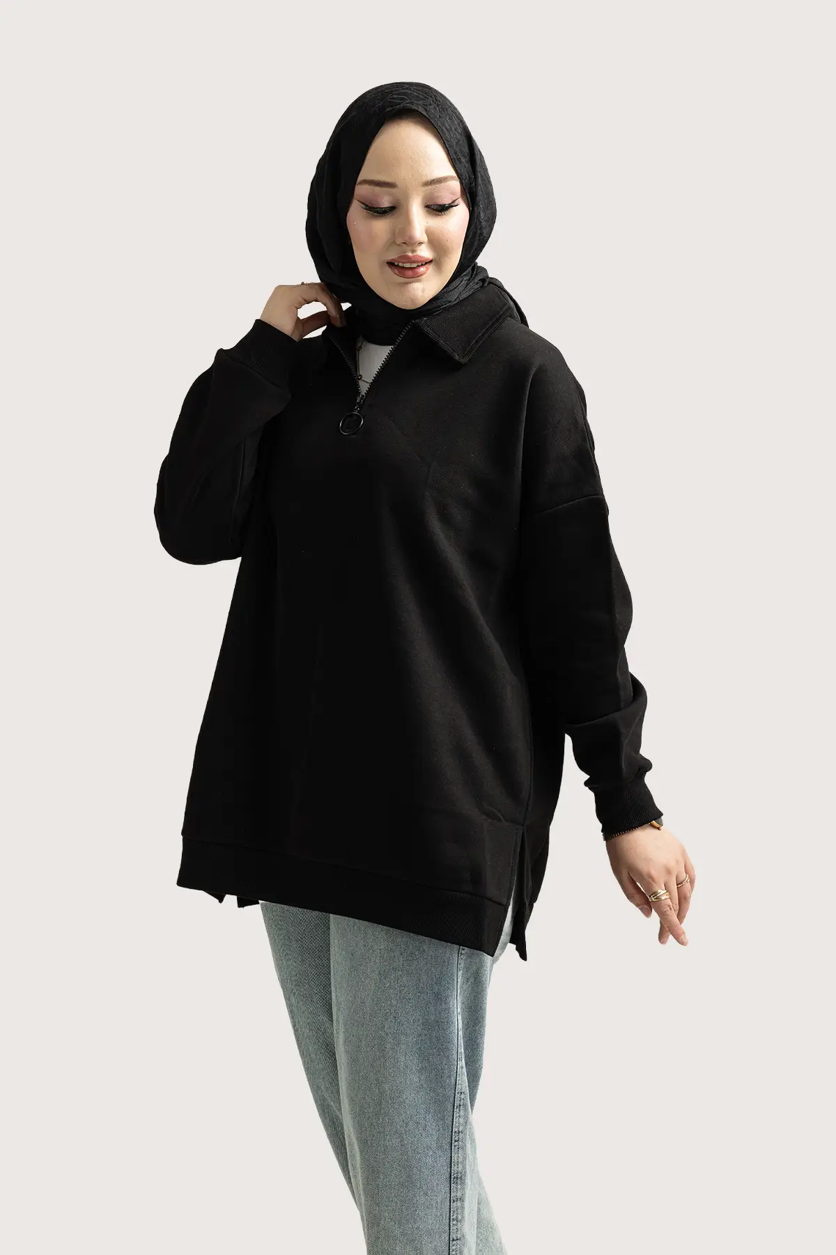 5409 - 3 İplik Rahat Önü Fermuarlı Kadın Uzun Sweatshirt - Siyah
