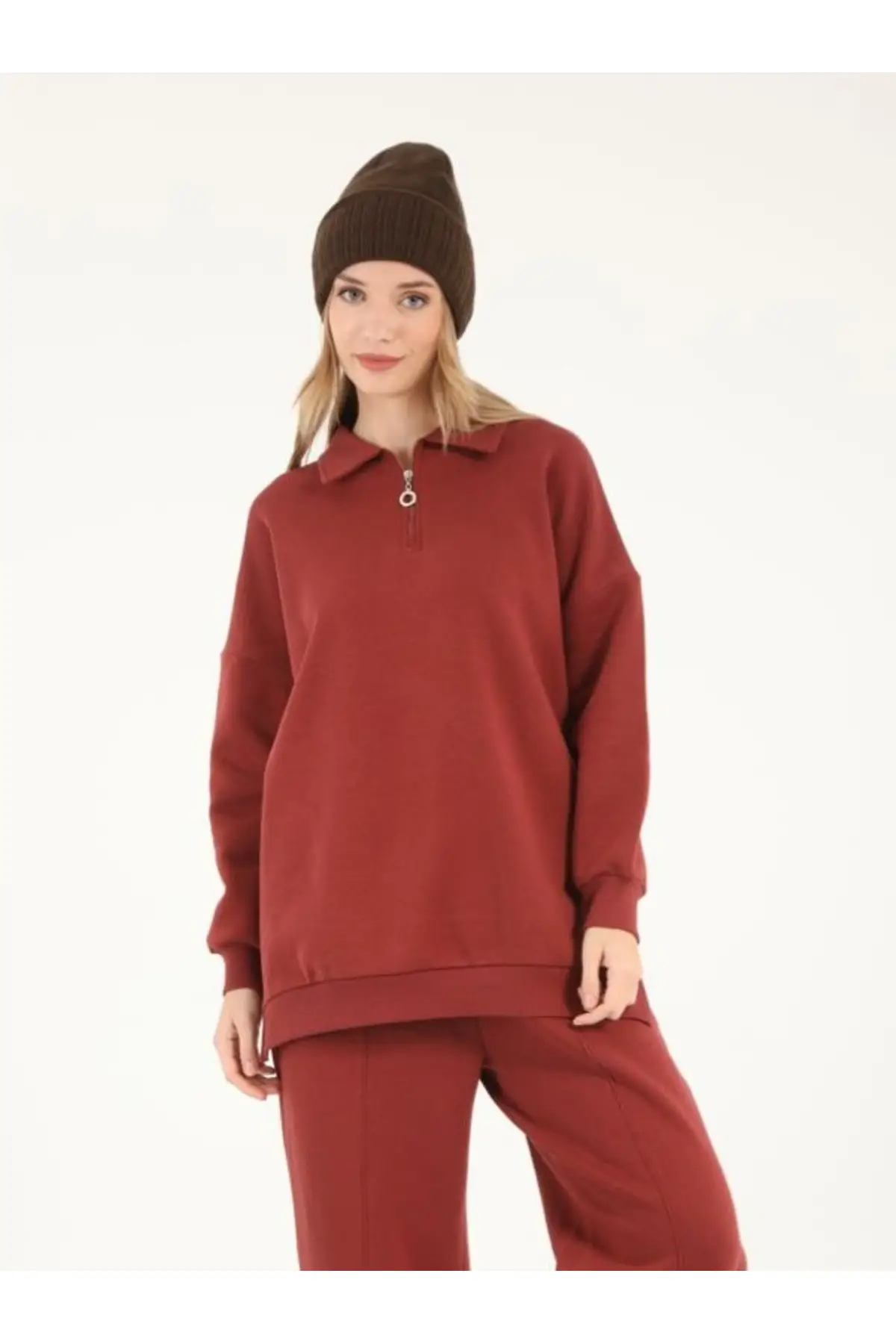 5409 - 3 İplik Rahat Önü Fermuarlı Kadın Uzun Sweatshirt - Bordo