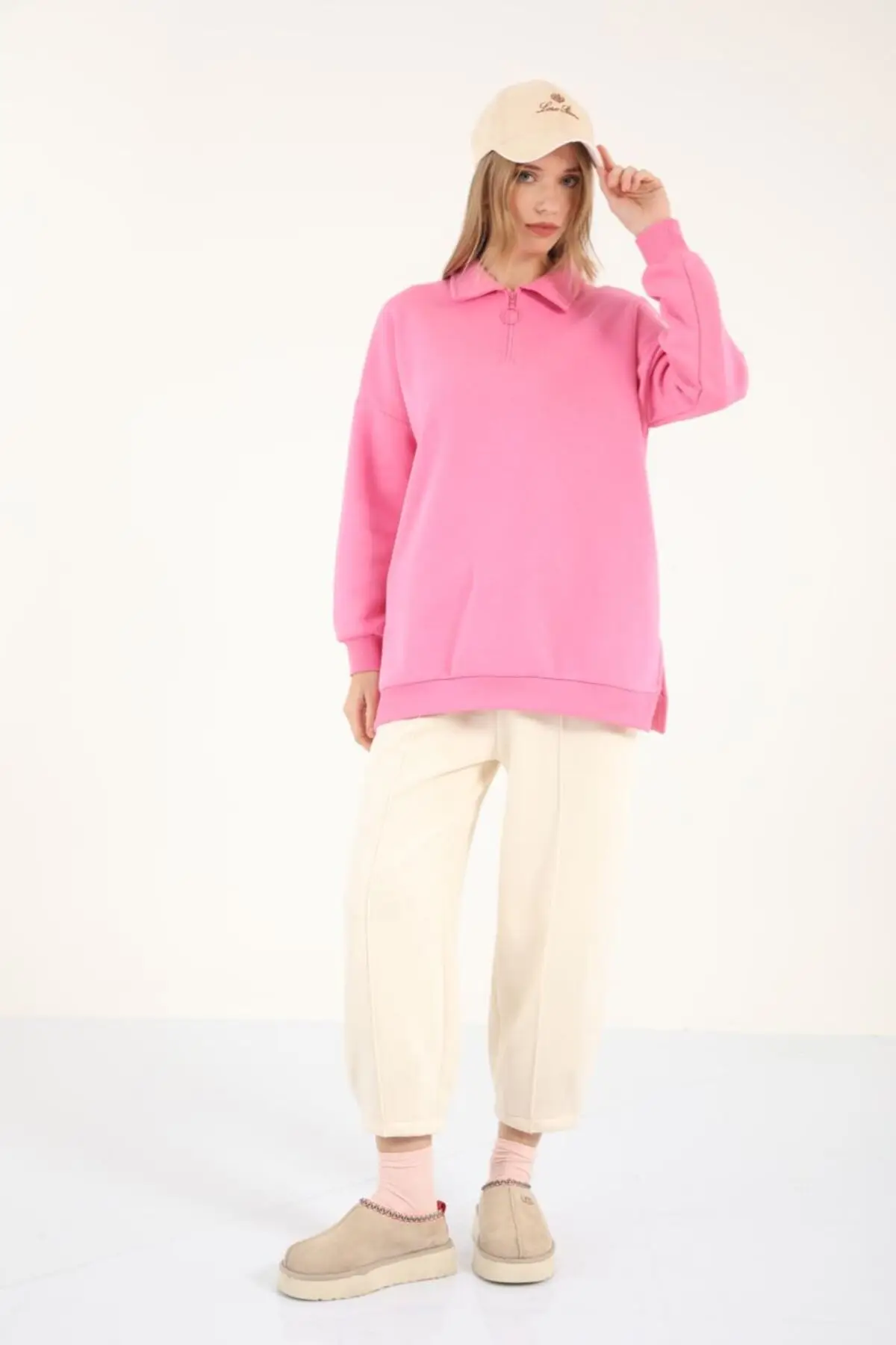 5409 - 3 İplik Rahat Önü Fermuarlı Kadın Uzun Sweatshirt - Pembe
