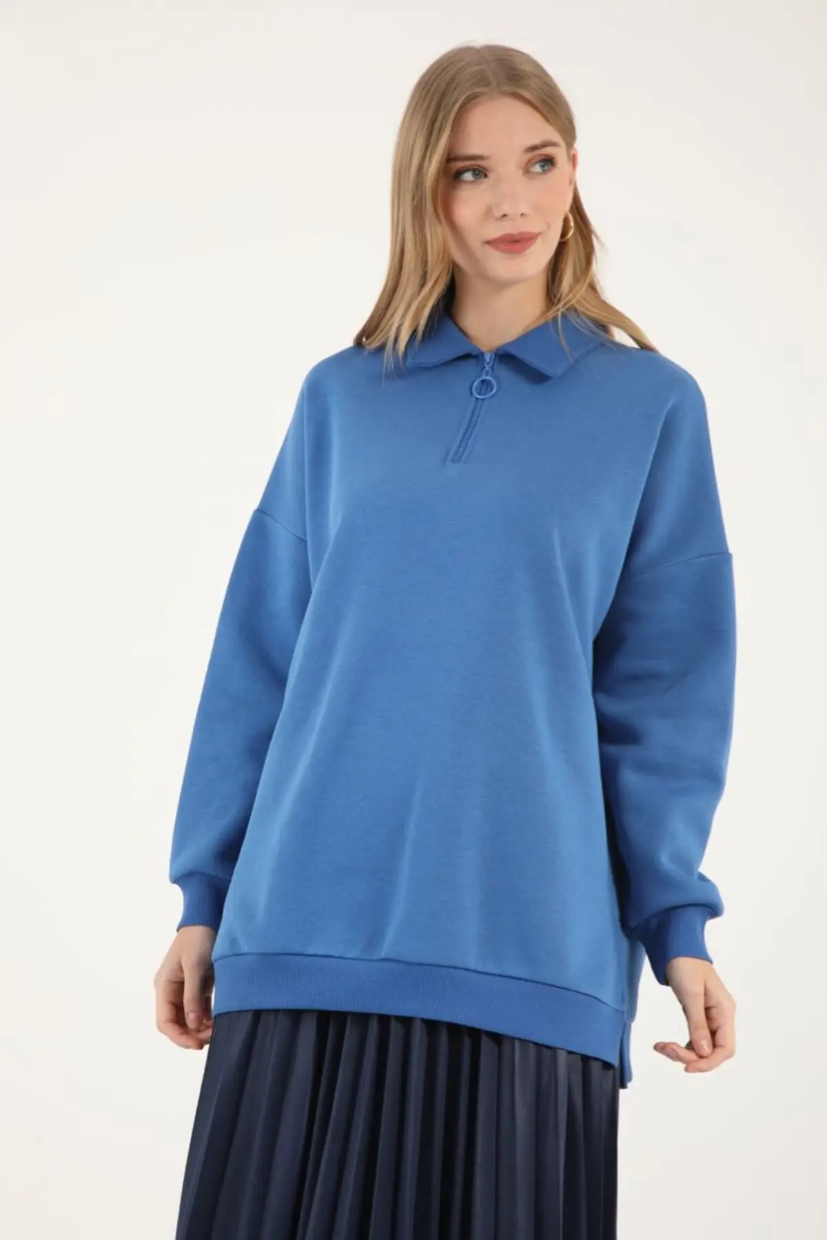 5409 - 3 İplik Rahat Önü Fermuarlı Kadın Uzun Sweatshirt - Mavi