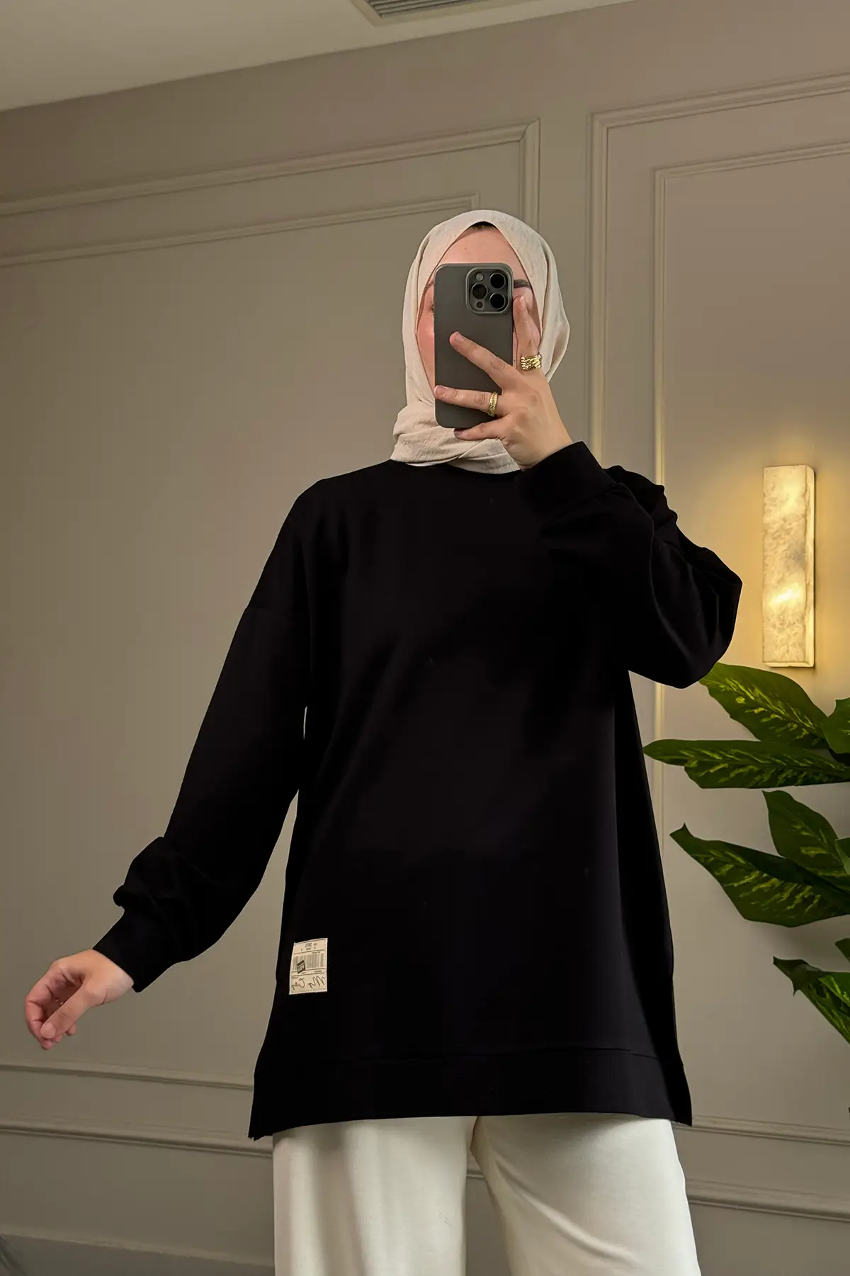 5415 -2 İplik İnce Rahat, Basic Düz Kadın Uzun Sweatshirt - Siyah