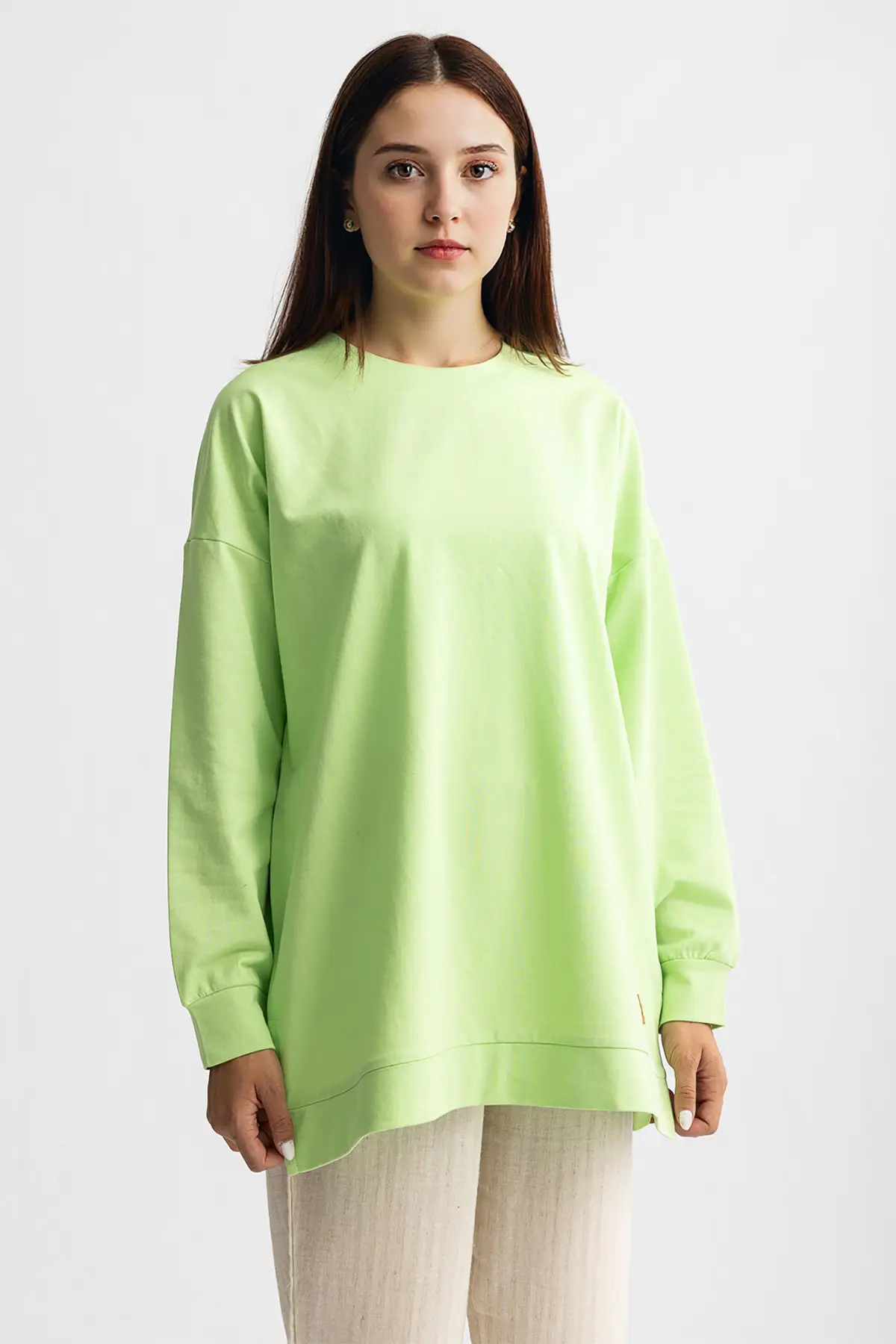 5415 -2 İplik İnce Rahat, Basic Düz Kadın Uzun Sweatshirt