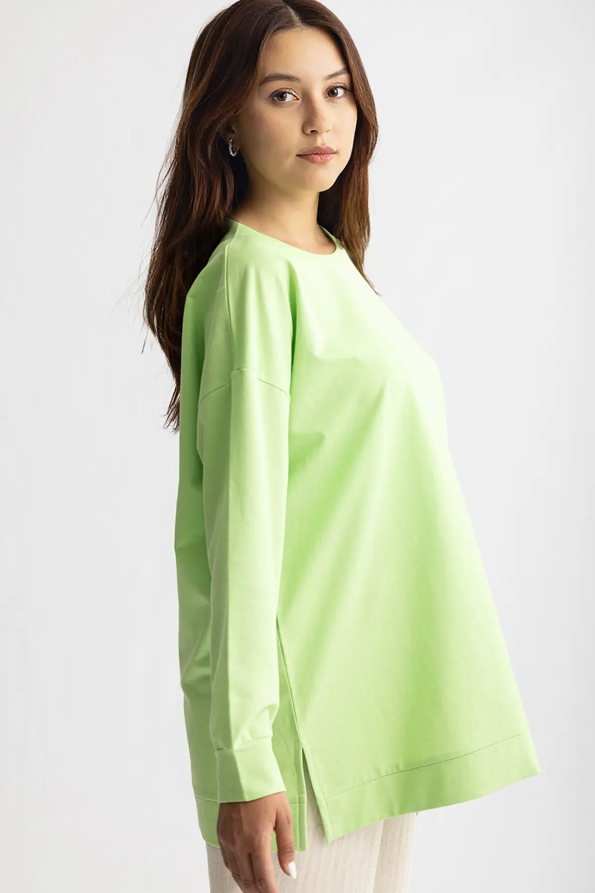 5415 -2 İplik İnce Rahat, Basic Düz Kadın Uzun Sweatshirt - Yeşil