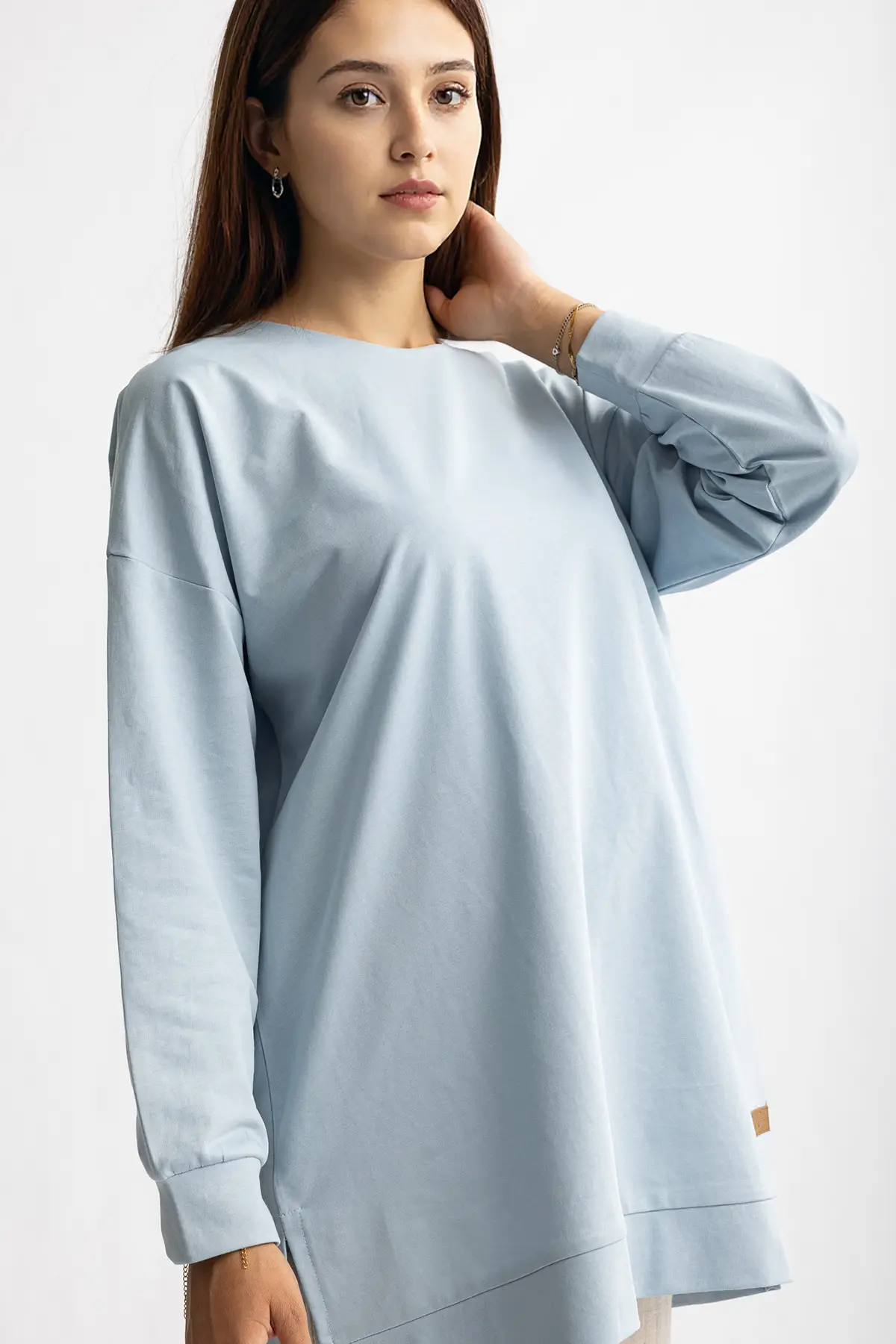 5415 -2 İplik İnce Rahat, Basic Düz Kadın Uzun Sweatshirt - Bebe Mavi