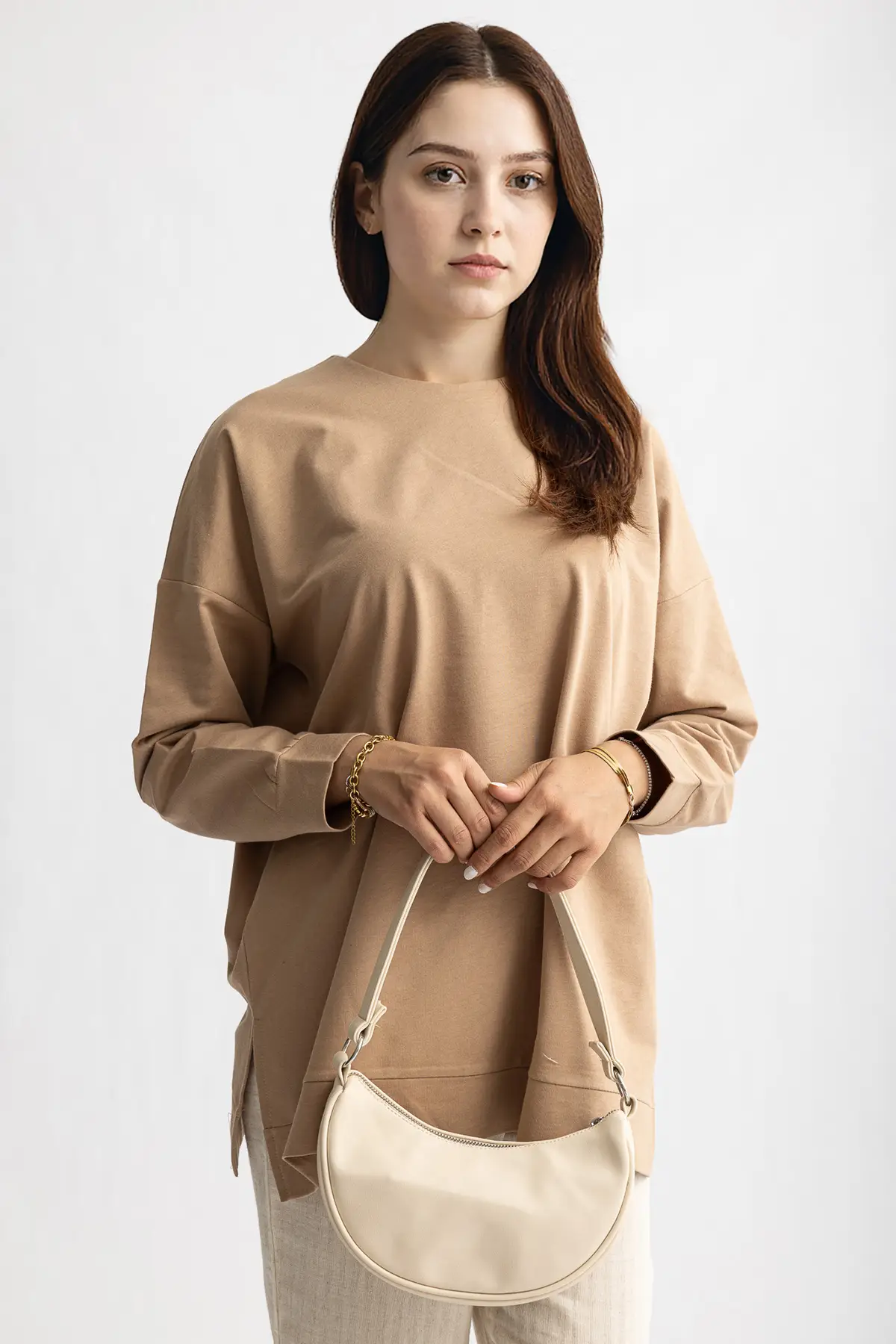 5415 -2 İplik İnce Rahat, Basic Düz Kadın Uzun Sweatshirt - Vizon