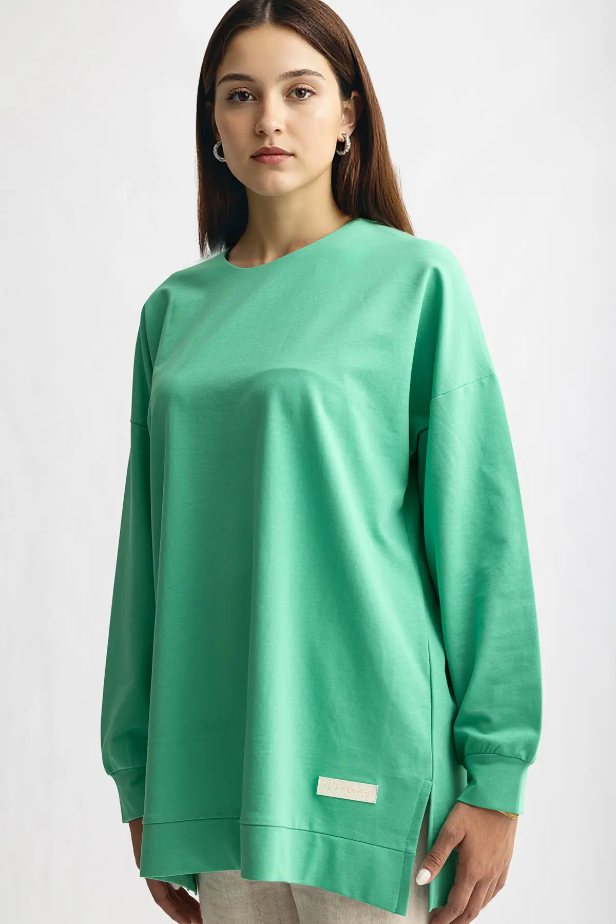 5415 -2 İplik İnce Rahat, Basic Düz Kadın Uzun Sweatshirt - Turkuaz