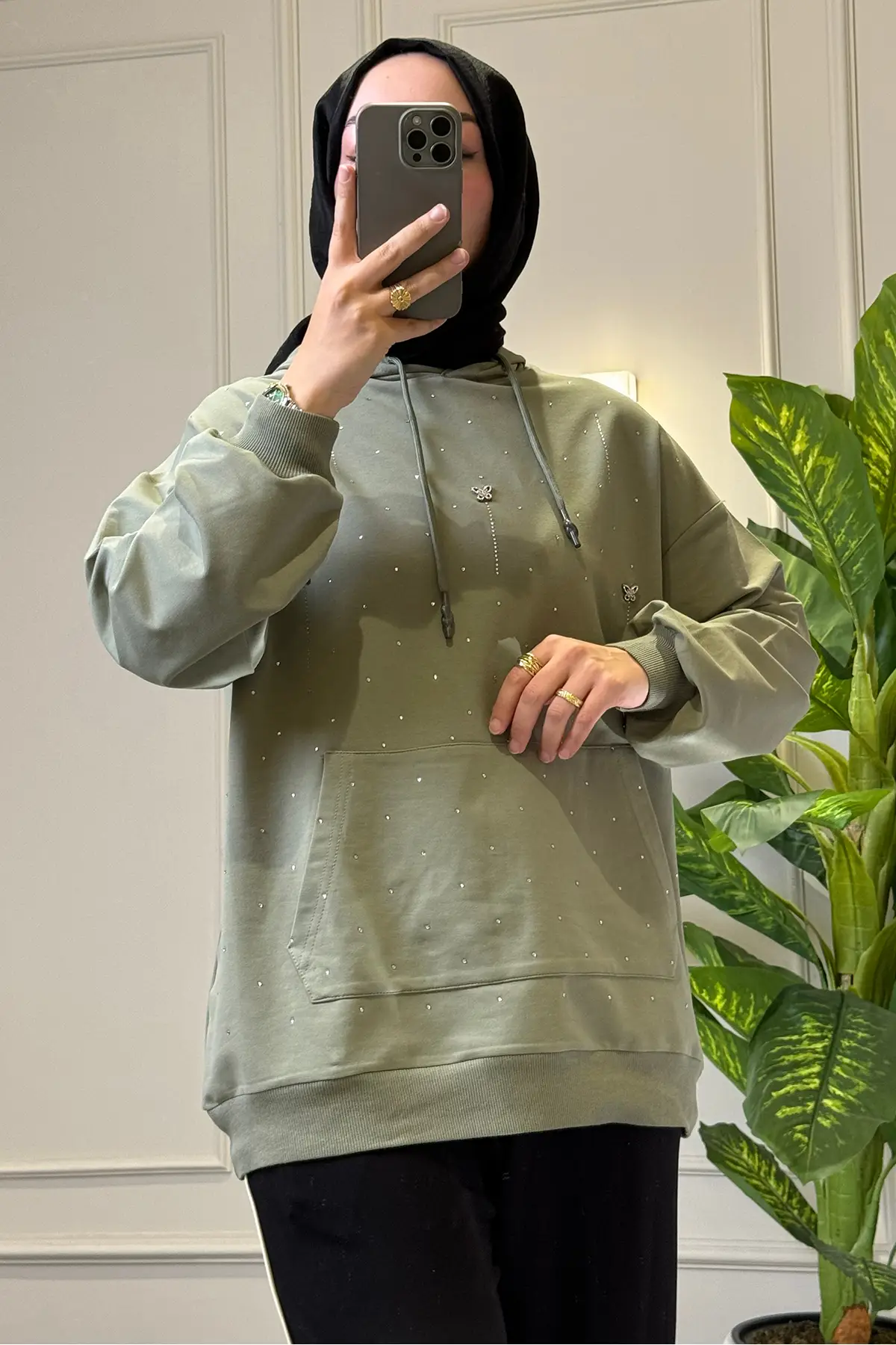 5540-1 - Şık Rahat 2 İplik Likralı Kapüşonlu Süsleme Taş Detaylı Tesettür Kadın Sweatshirt
