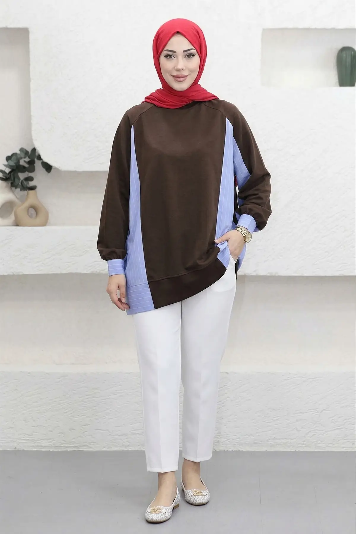 5553 - Rahat, Salaş Basic 2 İplik Çizgili Poplin Kumaş Garnili SweatKadın Uzun Sweatshirt