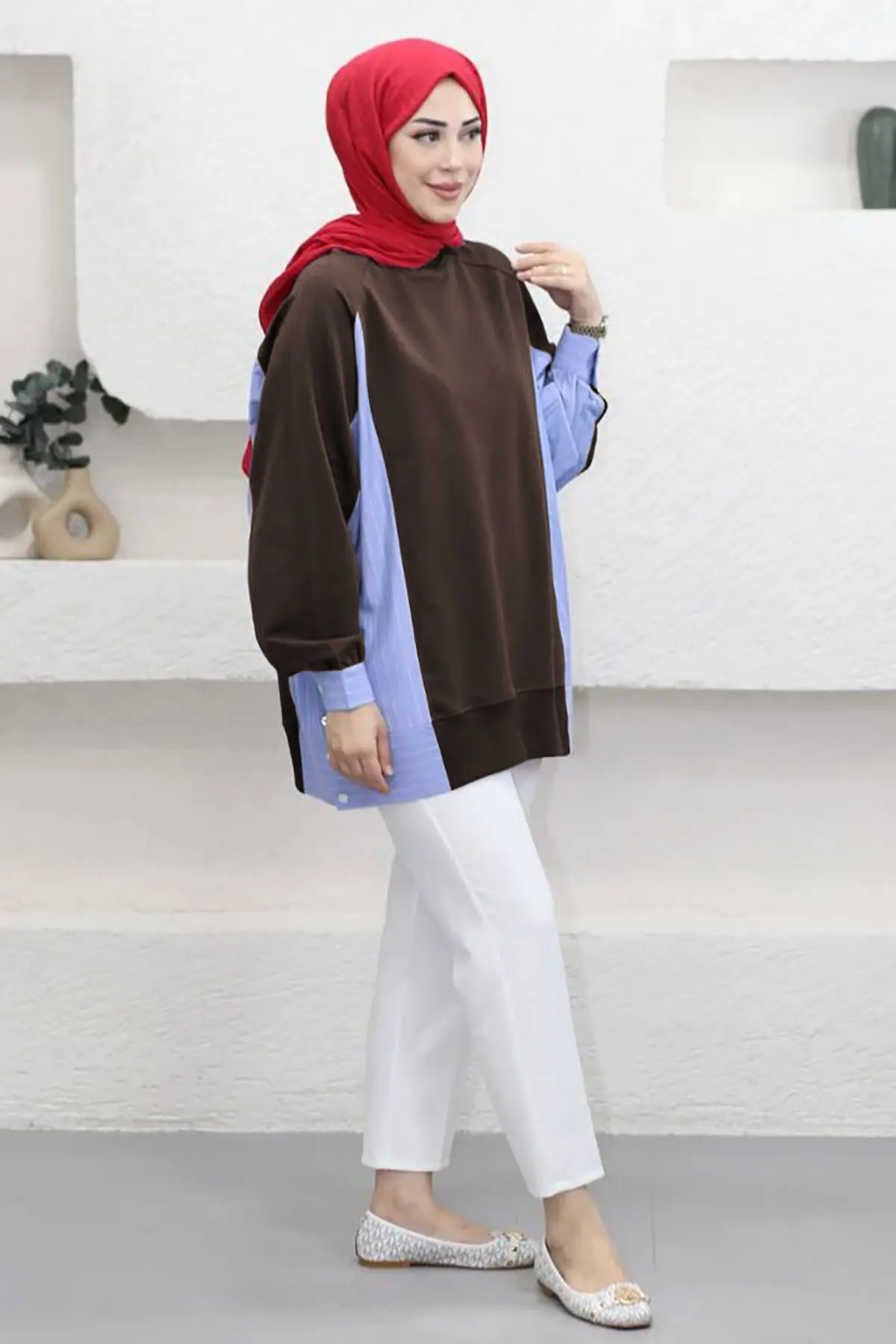5553 - Rahat, Salaş Basic 2 İplik Çizgili Poplin Kumaş Garnili SweatKadın Uzun Sweatshirt - Kahverengi