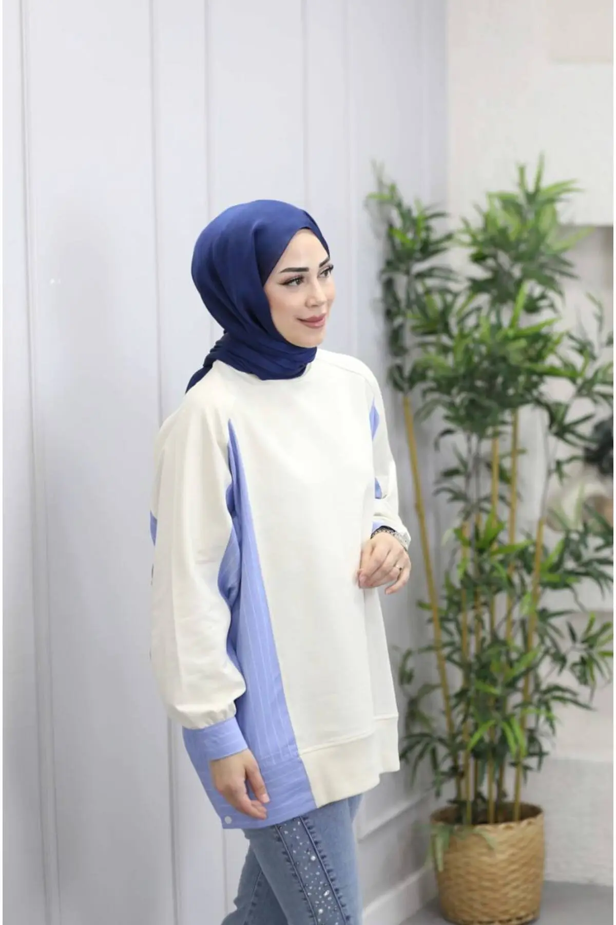 5553 - Rahat, Salaş Basic 2 İplik Çizgili Poplin Kumaş Garnili SweatKadın Uzun Sweatshirt - Ekru