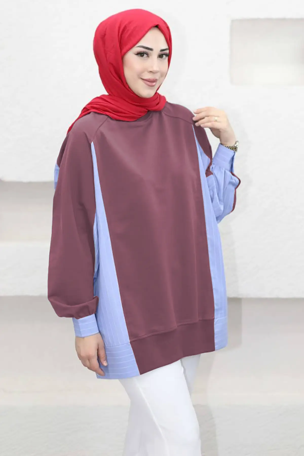 5553 - Rahat, Salaş Basic 2 İplik Çizgili Poplin Kumaş Garnili SweatKadın Uzun Sweatshirt - Mürdüm