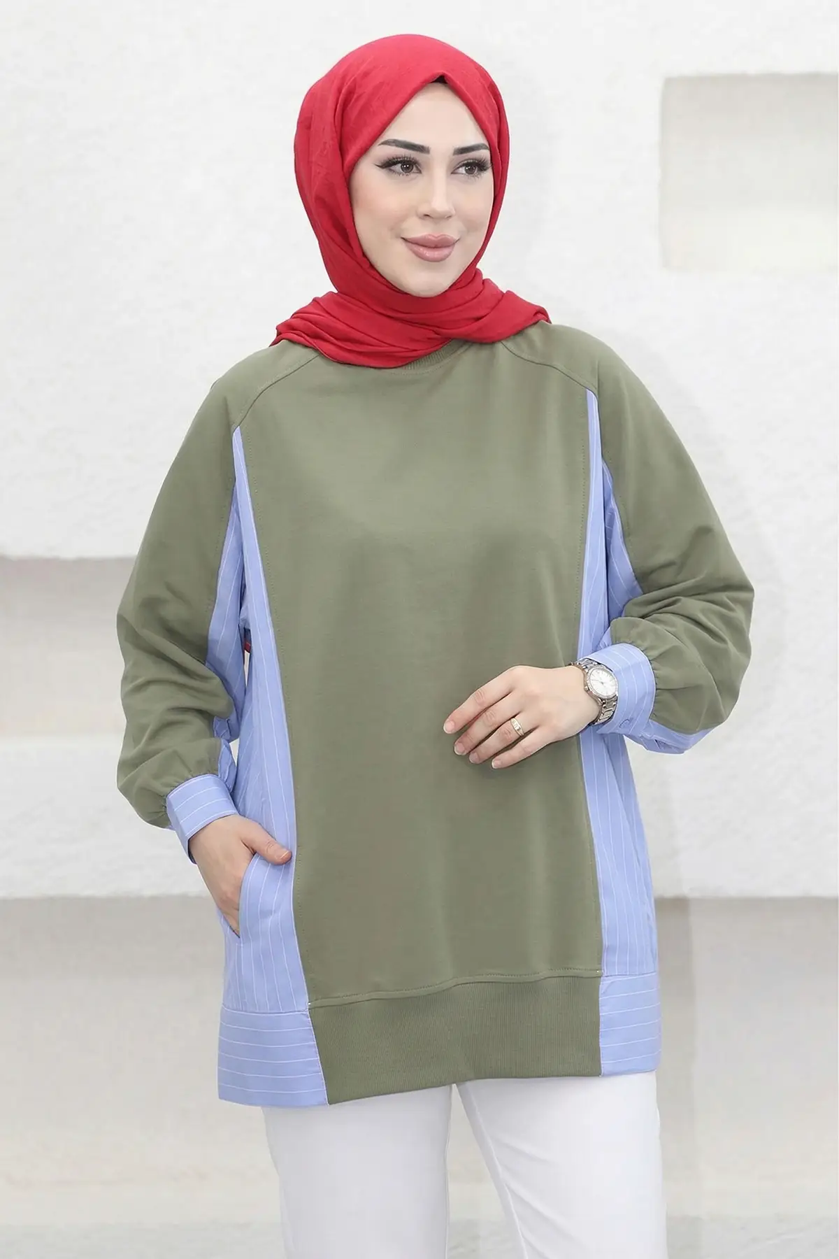 5553 - Rahat, Salaş Basic 2 İplik Çizgili Poplin Kumaş Garnili SweatKadın Uzun Sweatshirt - Ada Çayı