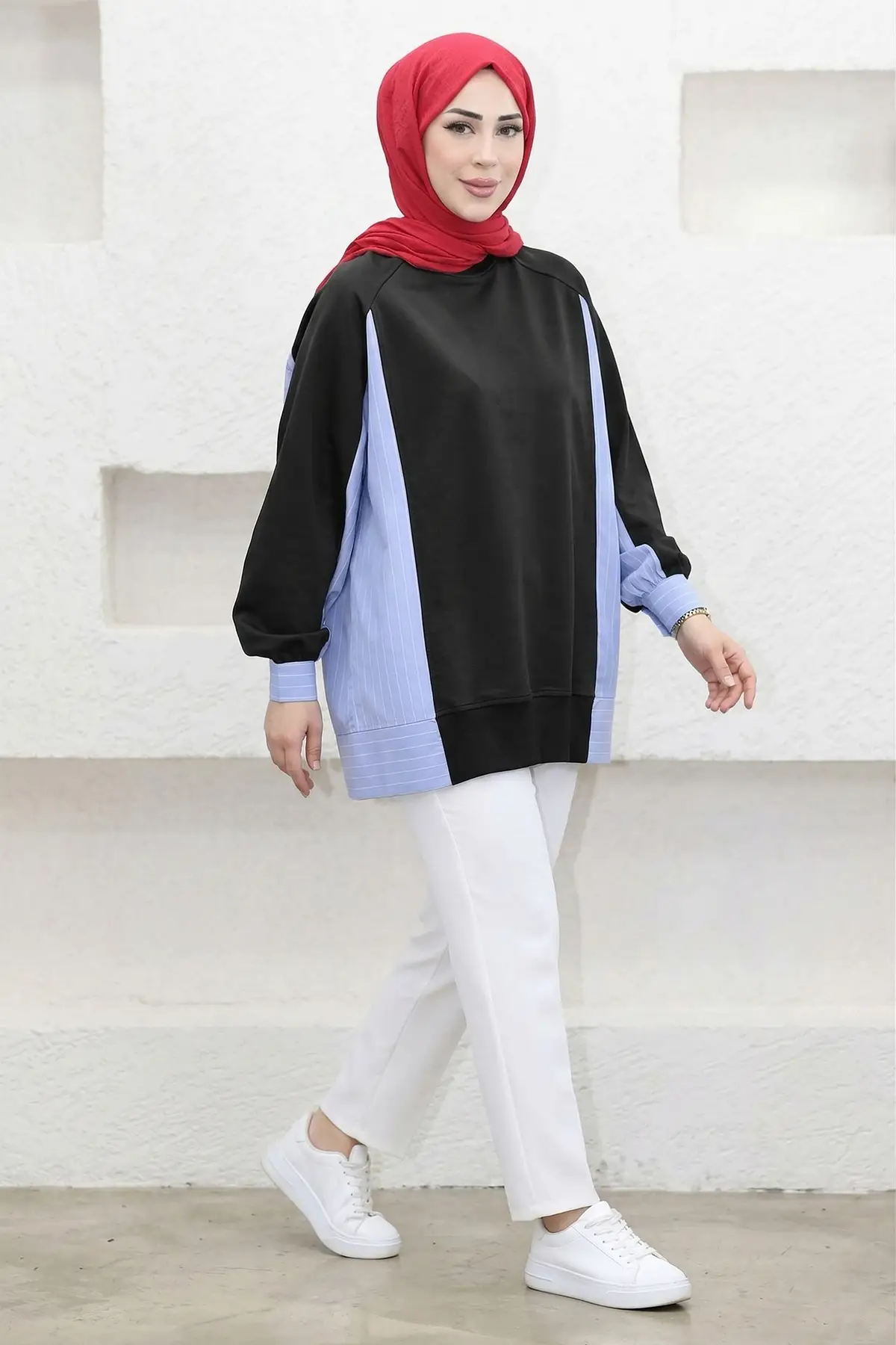 5553 - Rahat, Salaş Basic 2 İplik Çizgili Poplin Kumaş Garnili SweatKadın Uzun Sweatshirt - Siyah