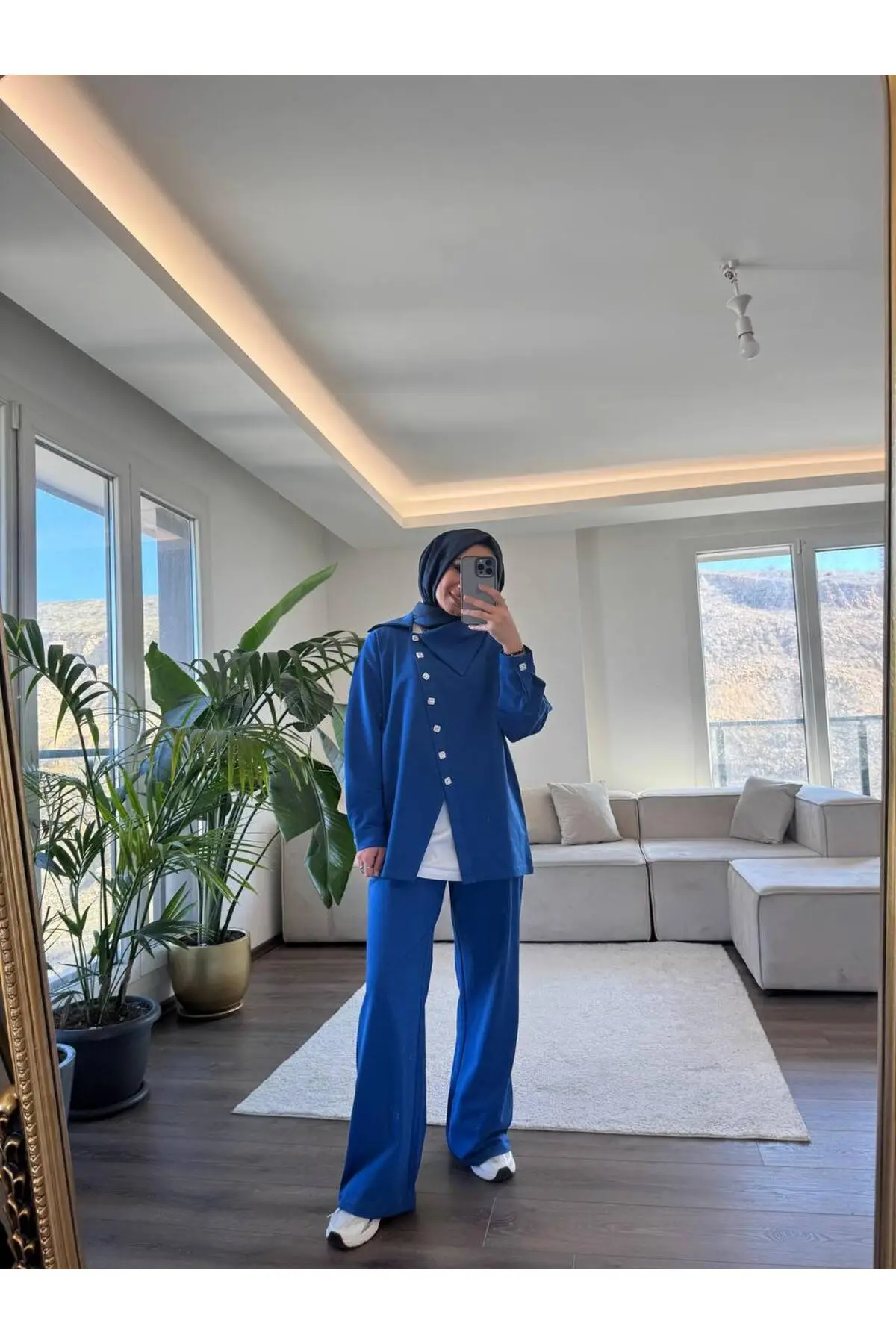 5556 - Düğme Detaylı Rahat-Şık Kadın Takım - Sax