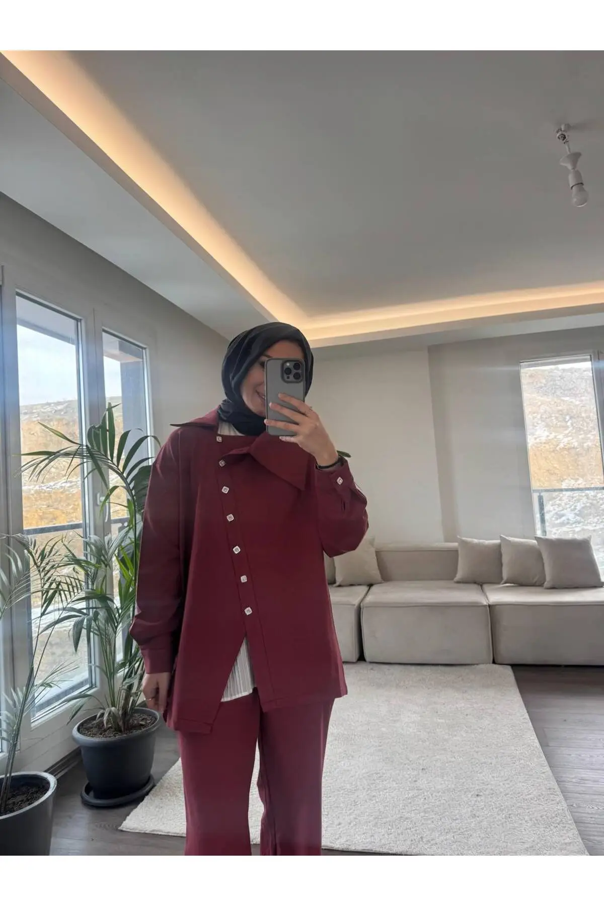 5556 - Düğme Detaylı Rahat-Şık Kadın Takım - Bordo