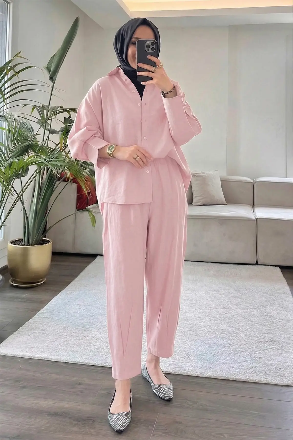 5629 - Şık Rahat Modal Yumuşak Kumaş Kadın Takım - Pembe