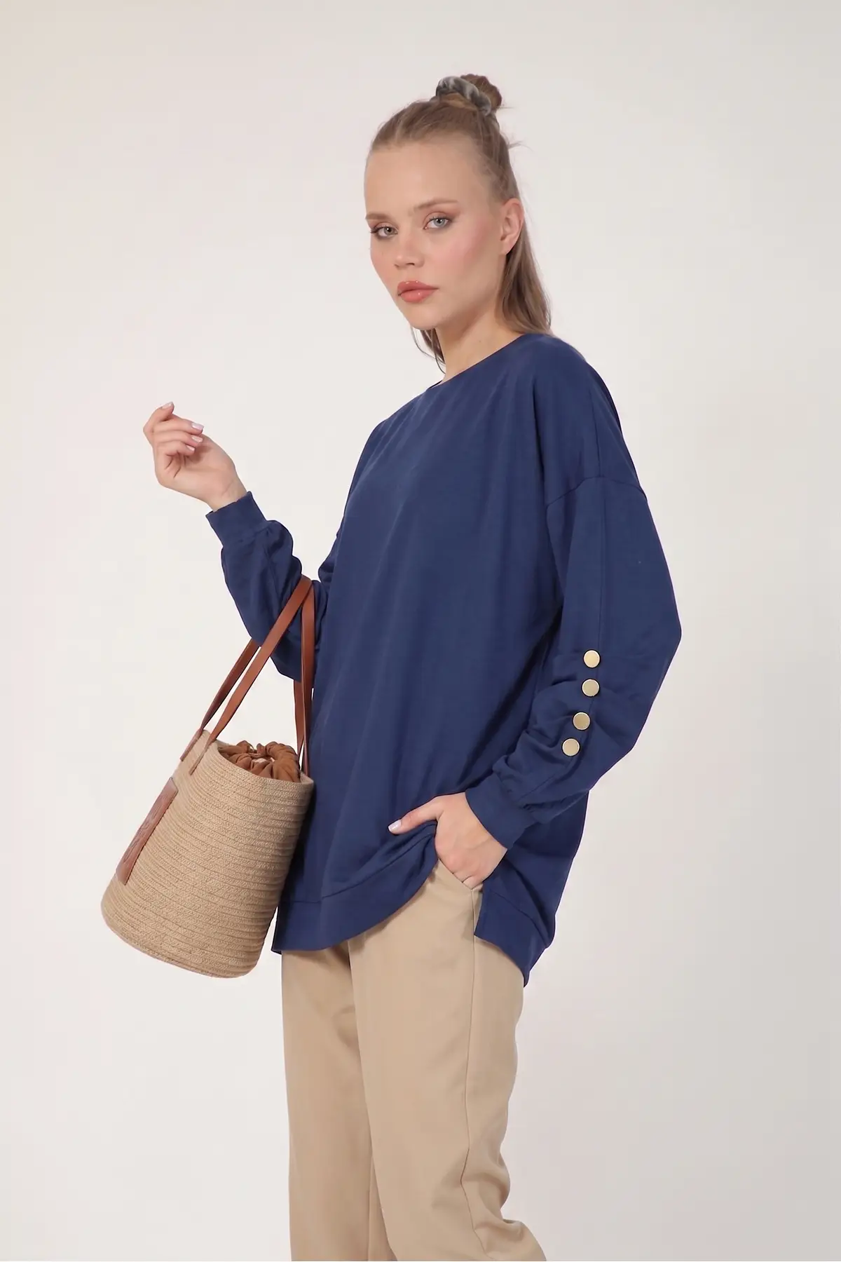 5633 - Rahat, Salaş Basic Kadın Uzun Sweatshirt - Lacivert
