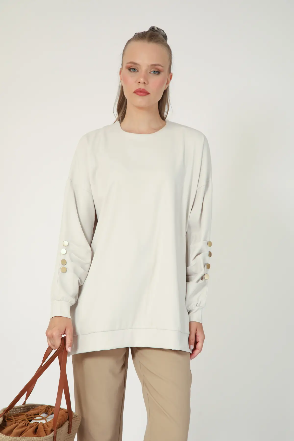 5633 - Rahat, Salaş Basic Kadın Uzun Sweatshirt - Ekru