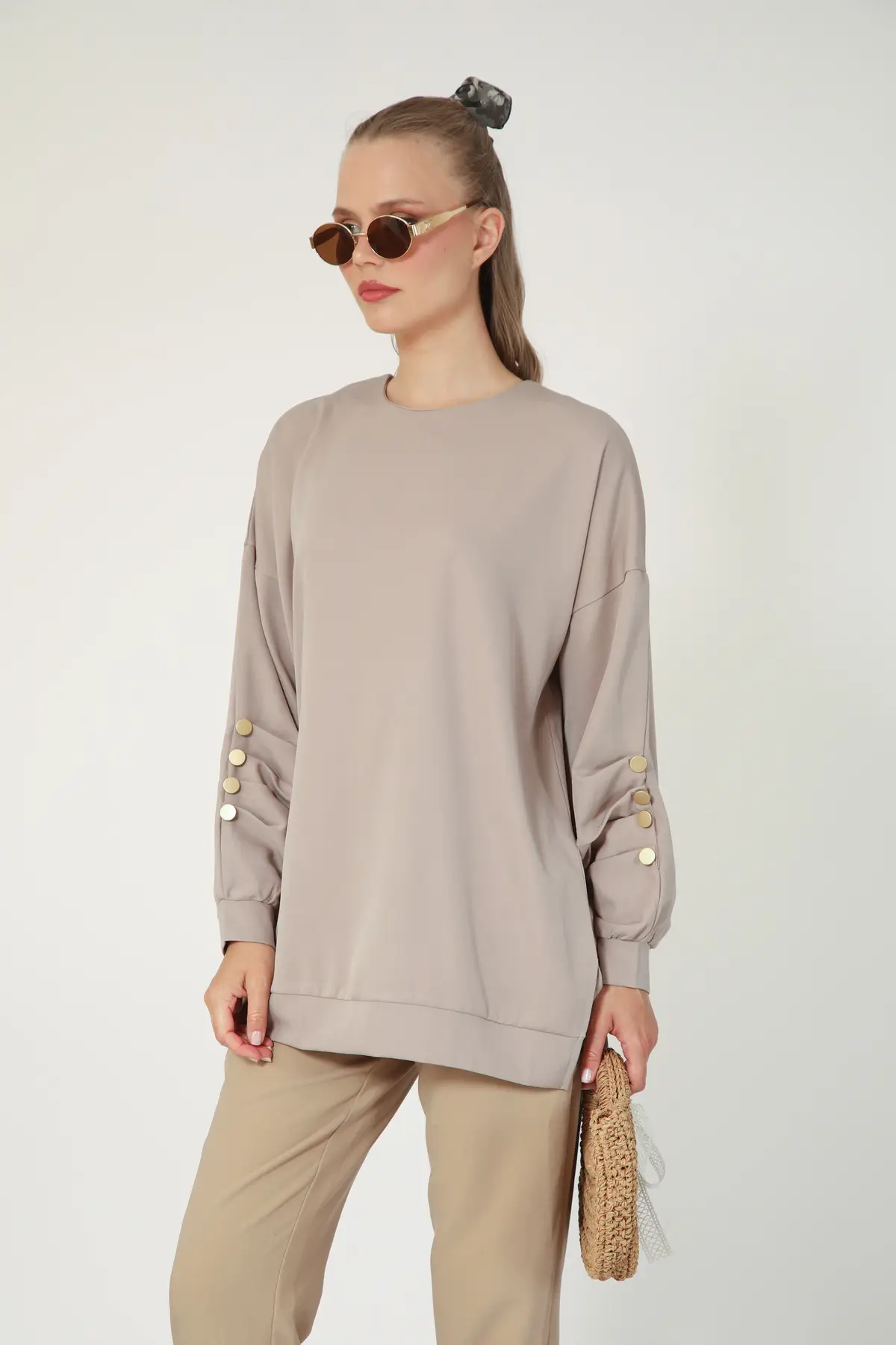 5633 - Rahat, Salaş Basic Kadın Uzun Sweatshirt - Füme