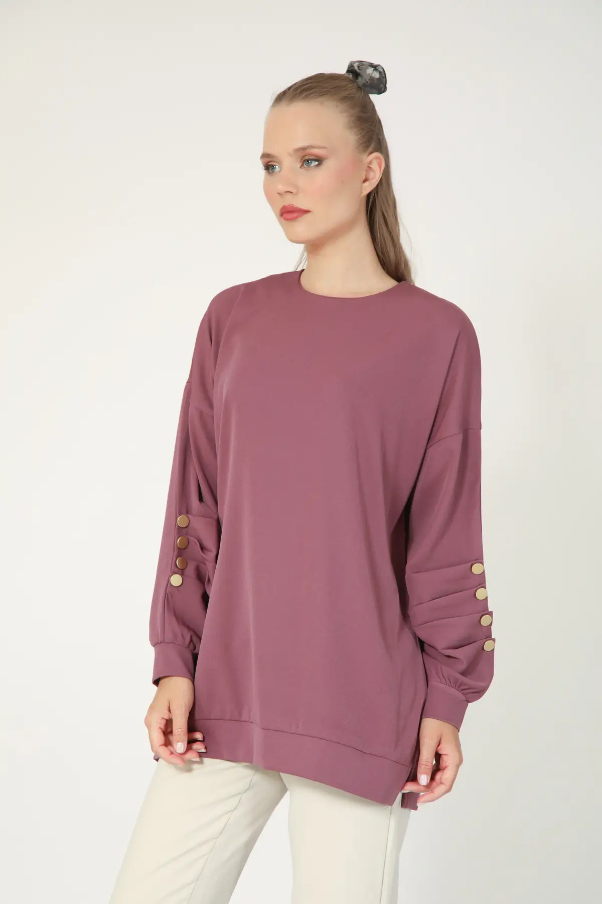 5633 - Rahat, Salaş Basic Kadın Uzun Sweatshirt - Mürdüm