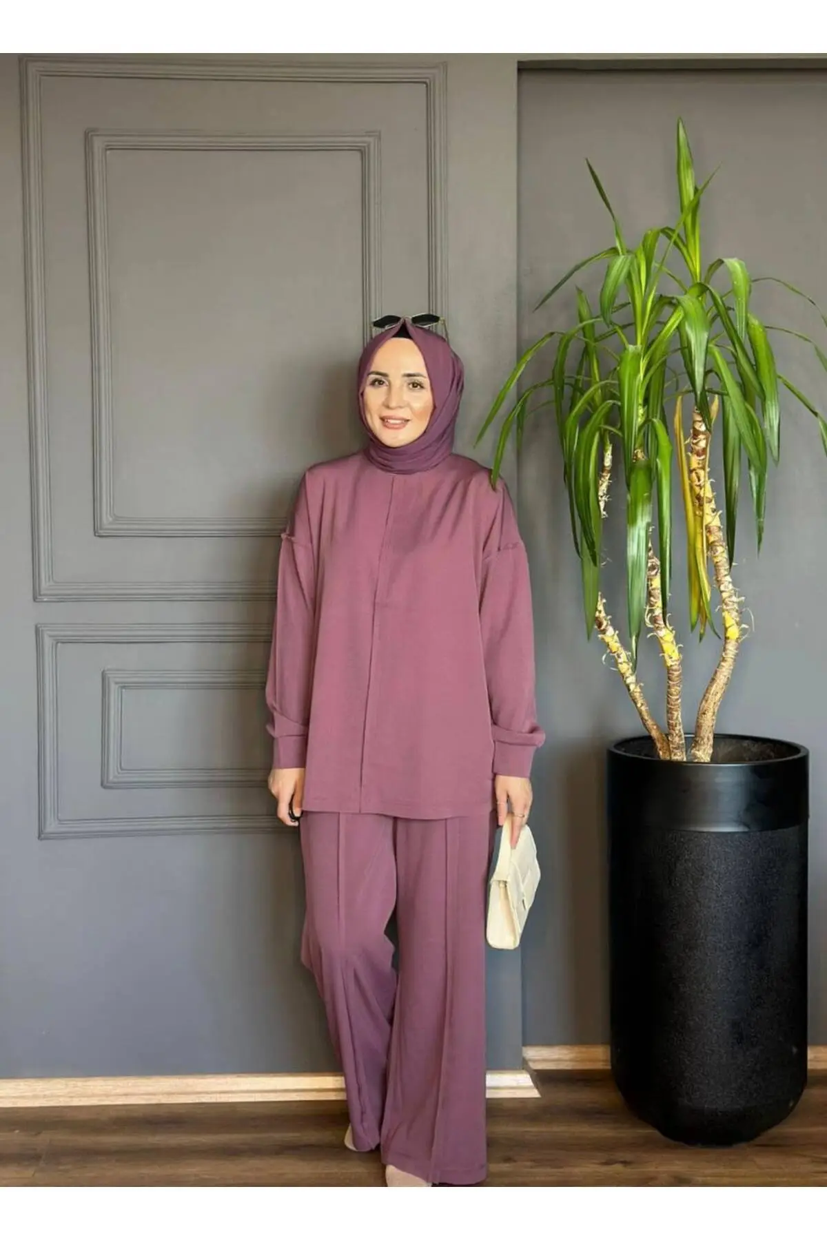 5650 - Şık Rahat Salaş Pantolon-Tunik Kadın Takım - Mürdüm