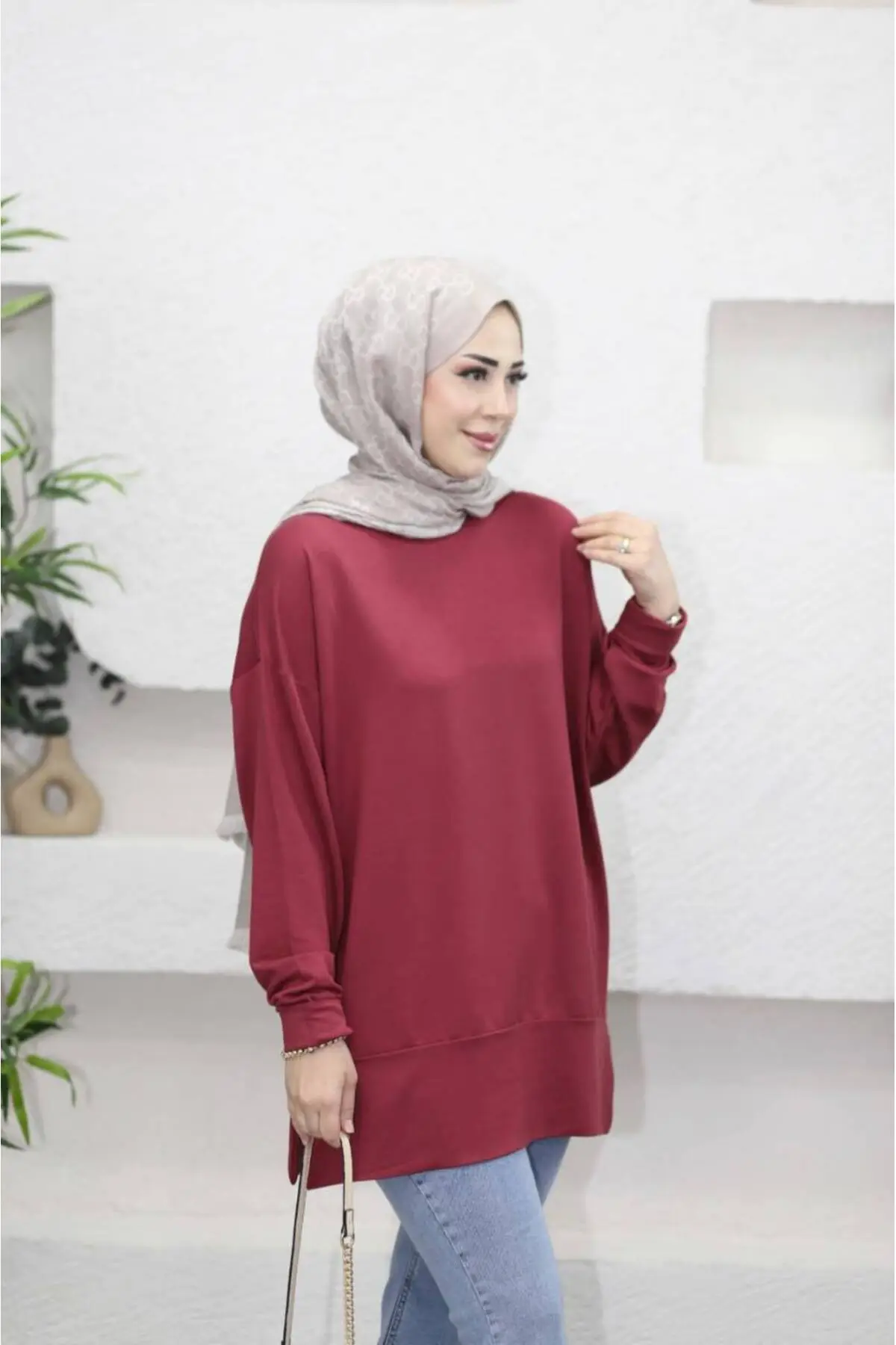 5704 - Rahat, Salaş Basic Kadın Uzun Sweatshirt - Mürdüm