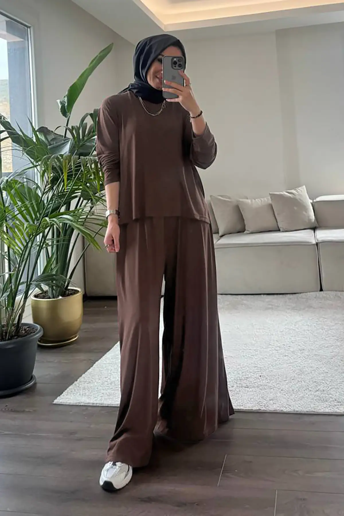 5712 - Şık Rahat Yumuşak Dokulu Kadın Bluz Pantolon Takımı - Kahverengi