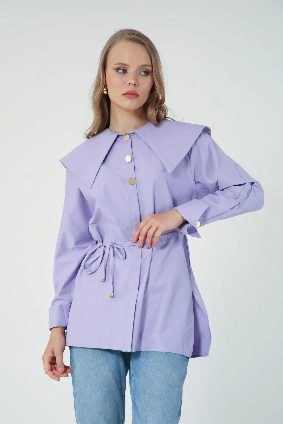 5805 - Poplin Denizci Yaka Bel Bağlamalı Kadın Gömlek