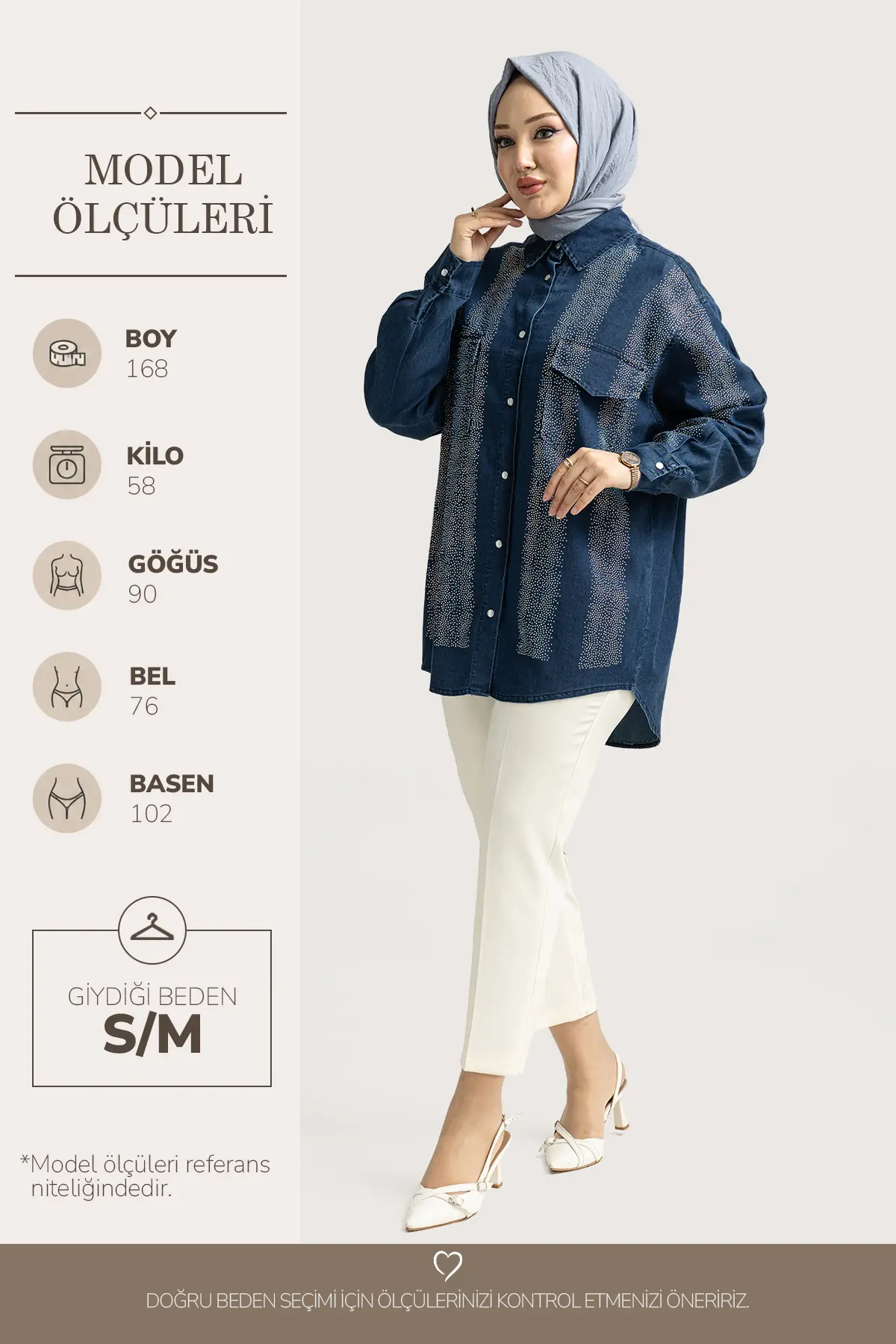 5820 - Şık Rahat İnce Denim Taş Detaylı Kadın Gömlek - Lacivert