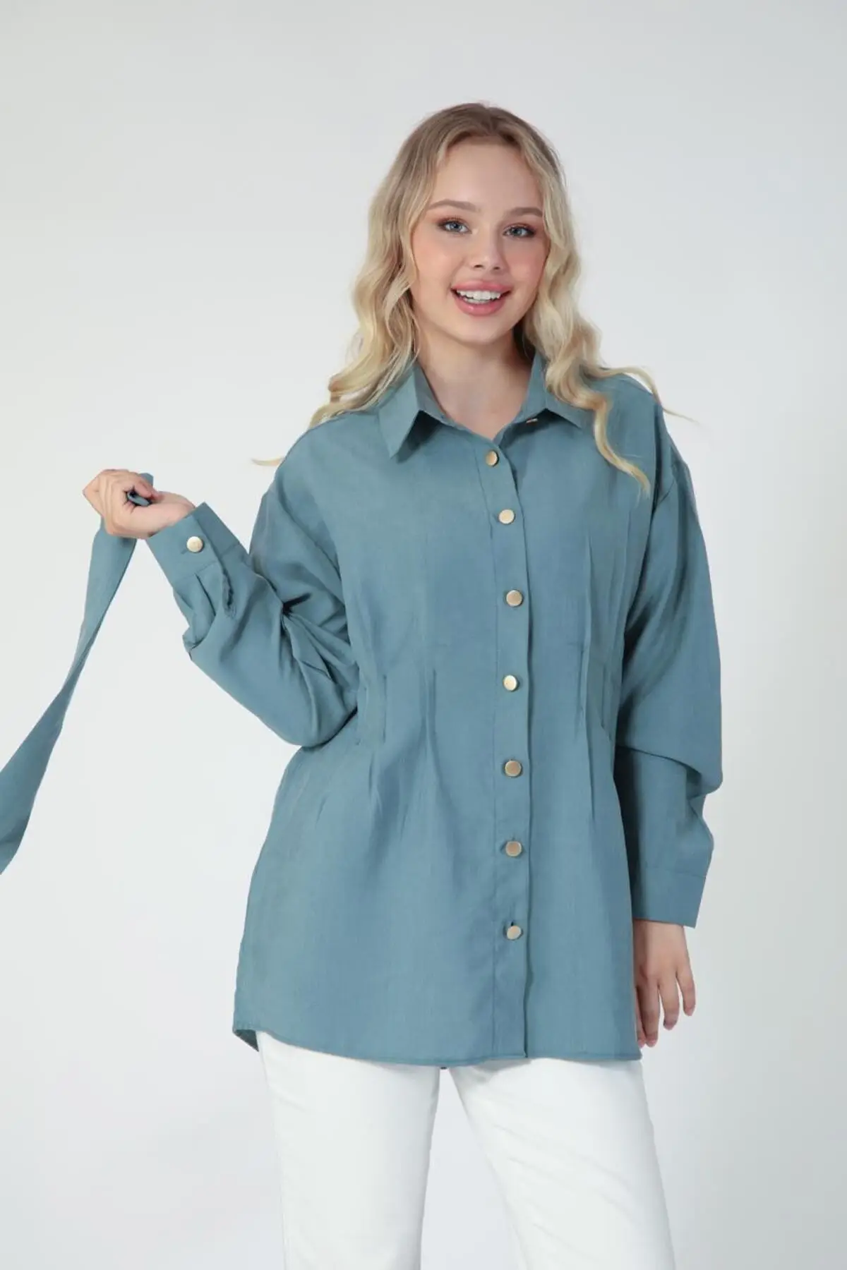 5831 - Poplin Denizci Yaka Bel Bağlamalı Kadın Gömlek - Nil