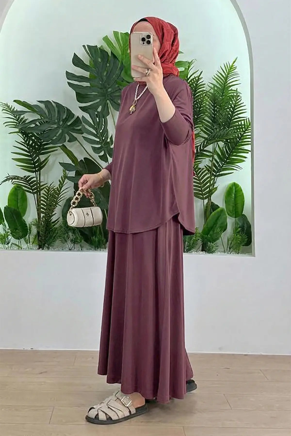 5933 - Şık Rahat Yumuşak Modal Kumaş Salaş Kadın Etek Tunik Takım - Mürdüm