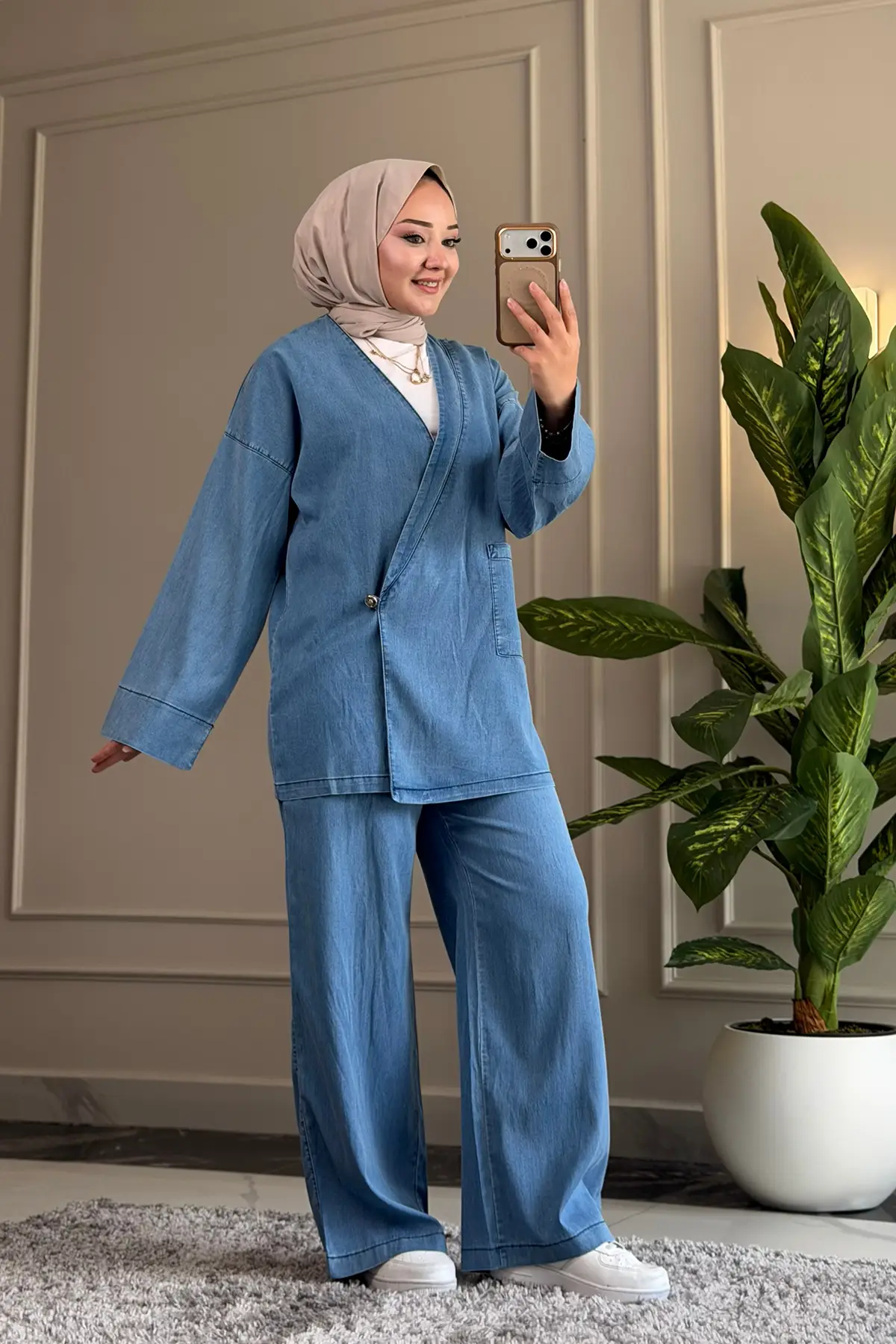 5962 - Şık Rahat İnce Yumuşak Kot Kumaş Kadın Pantolon Tunik Takımı