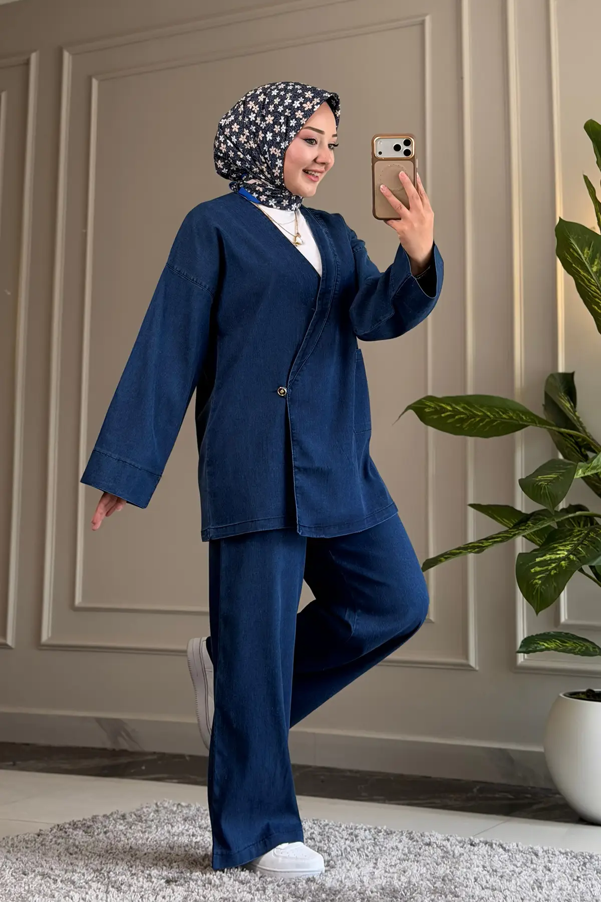 5962 - Şık Rahat İnce Yumuşak Kot Kumaş Kadın Pantolon Tunik Takımı - Lacivert