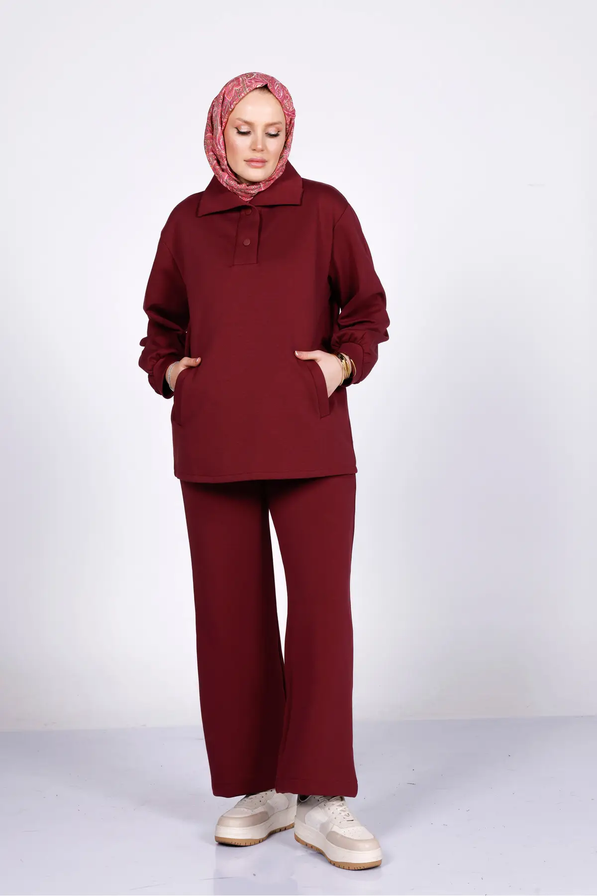 6003 - Şık Rahat Diagonel Şönil Pantolon Polo Yaka Tunik Takımı - Bordo