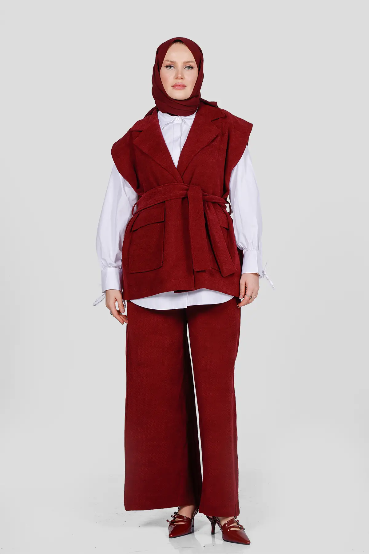 6053 - Şık Rahat Kalın Kemerli Yelek Pantolon Kadın Takım - Bordo