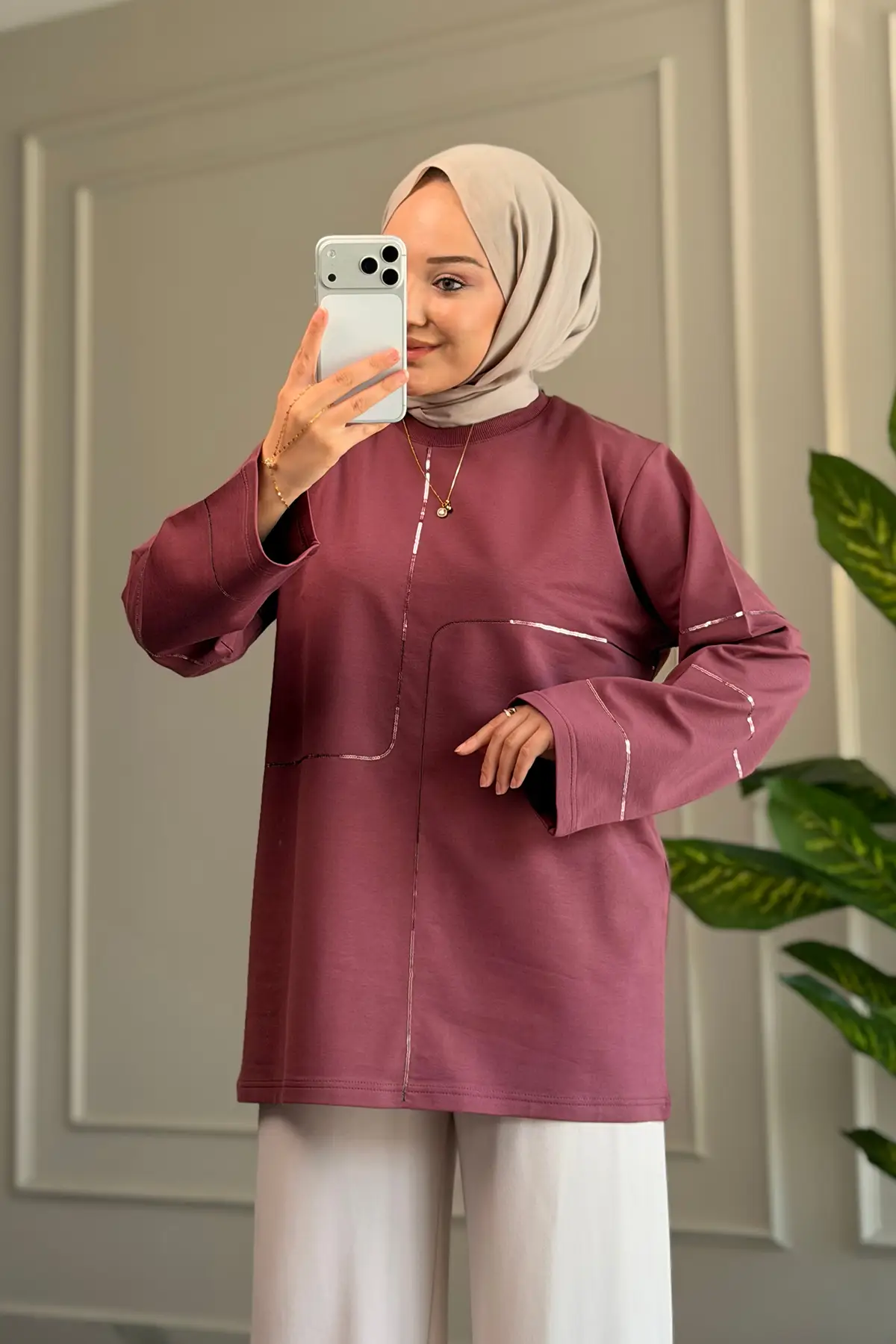6259 - Rahat, Salaş Kadın 2 İplik Nakışlı Uzun Sweatshirt - Gül Kurusu