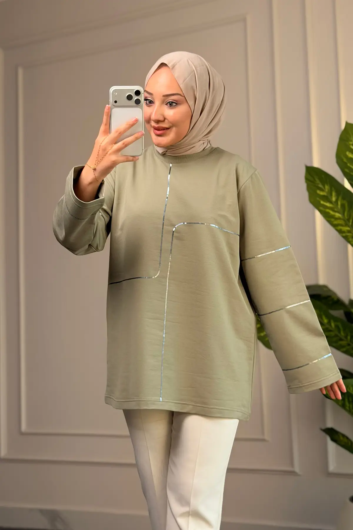 6259 - Rahat, Salaş Kadın 2 İplik Nakışlı Uzun Sweatshirt - Adaçayı