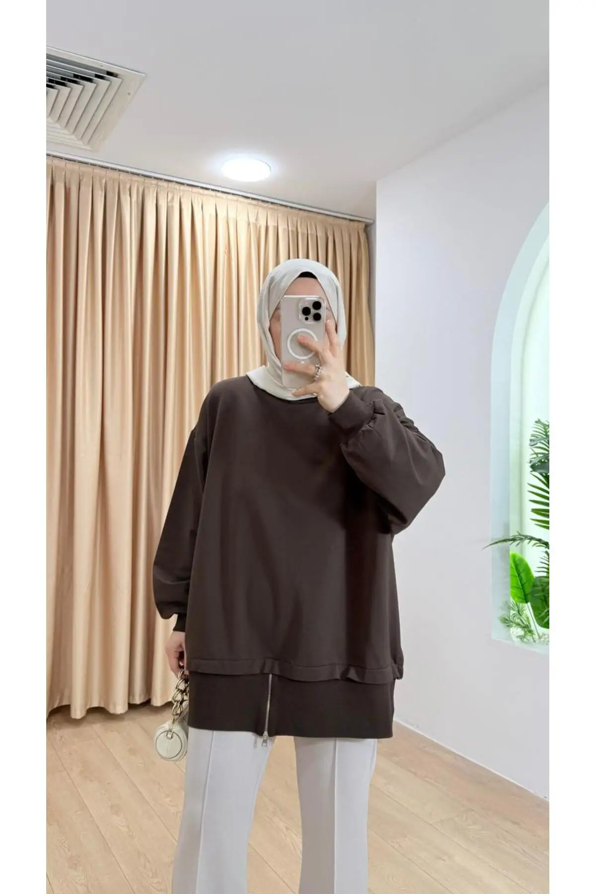 6284 - Rahat, Salaş Fermuar Detaylı 2 İplik Kadın Uzun Sweatshirt - Kahverengi